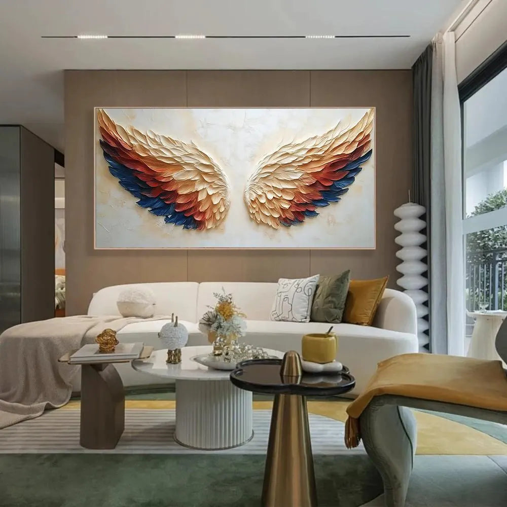 CELESTIAL WINGS: Texture Wall Art, Hand-Painted Navy Blue and Terracotta Angel Wings 3D Relief Plaster Studio Art
