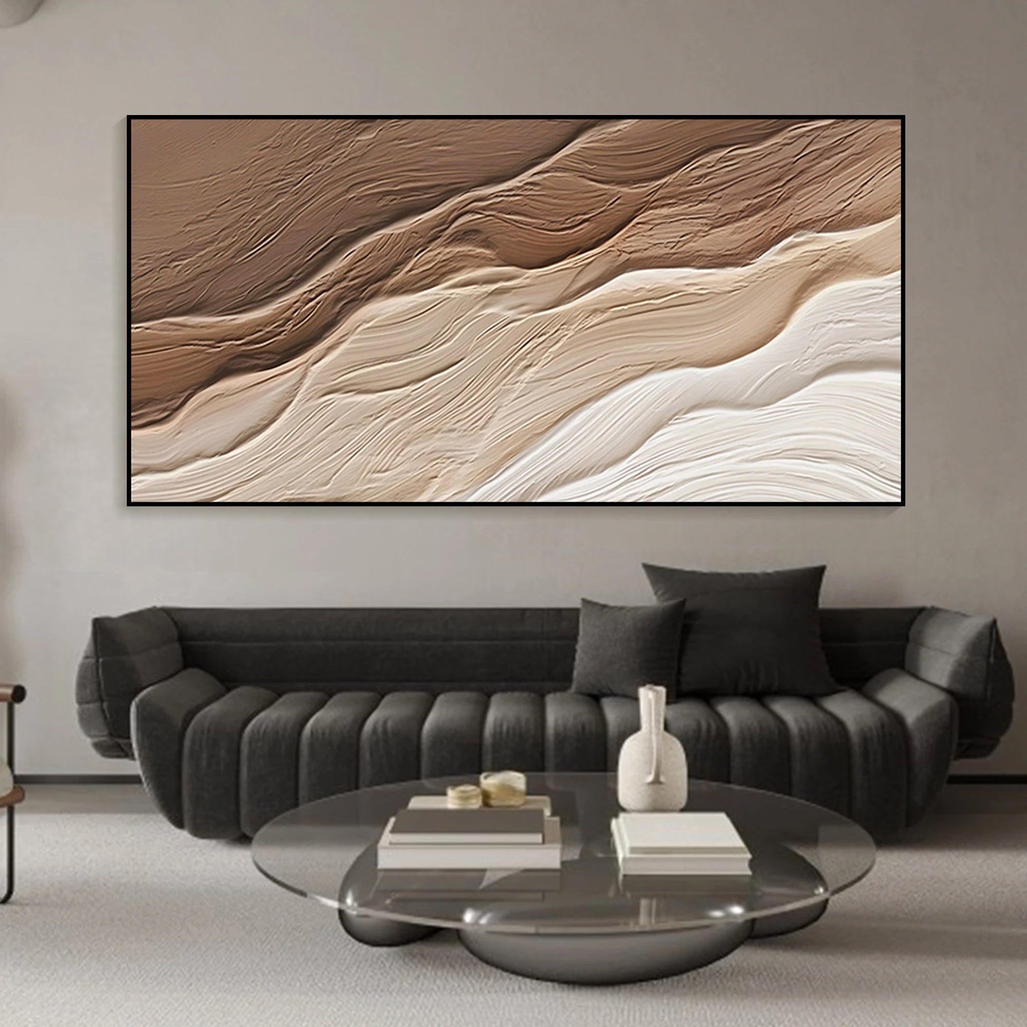 Sedimentary Flow – Hand-Painted Chocolate and Oat Linear Plaster Relief Texture Painting | Contemporary Plaster Texture Living Room & Office Art