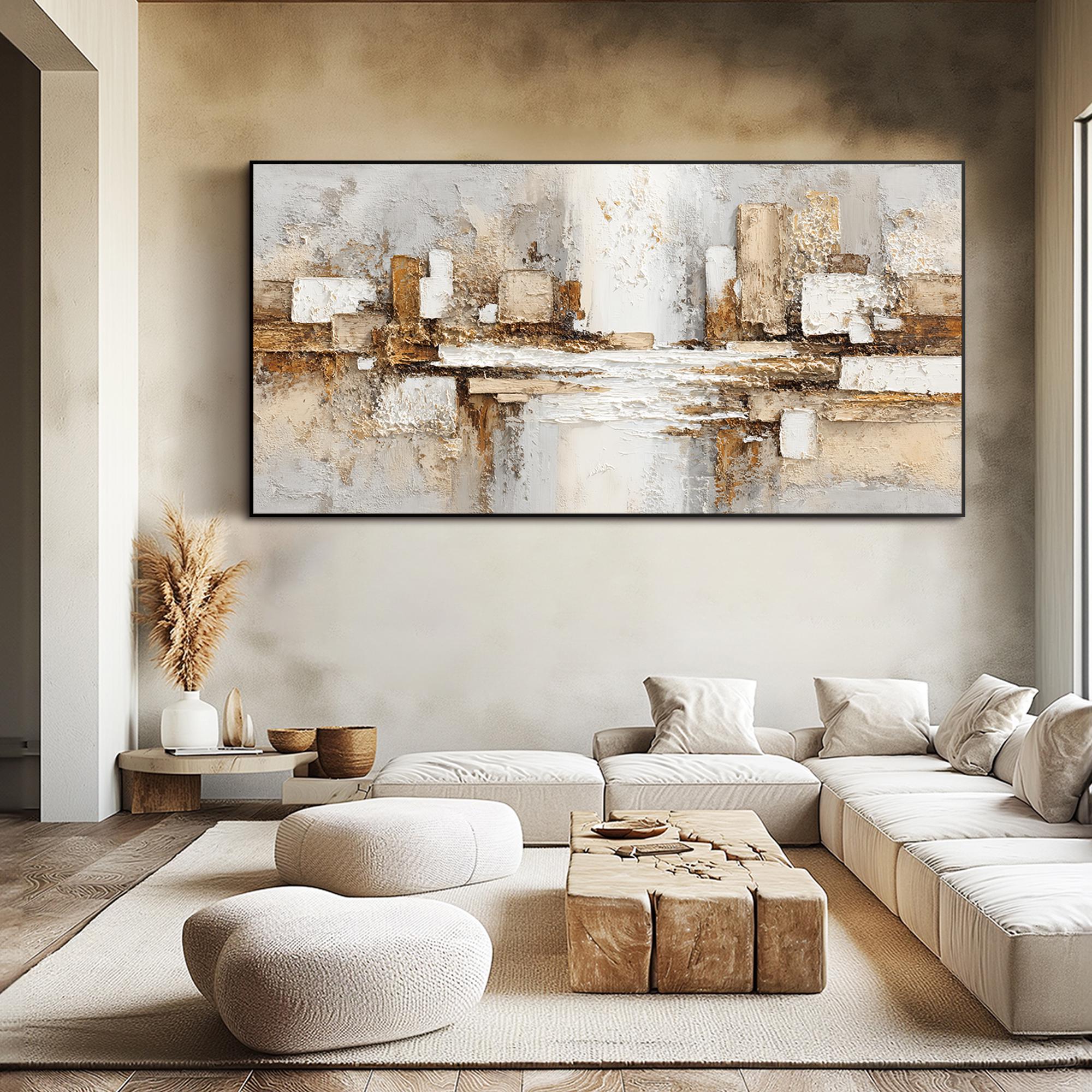 URBAN GLIMPSE: Panoramic 3D Heavy Texture Abstract Wall Art, Modern Gold & Neutral Relief