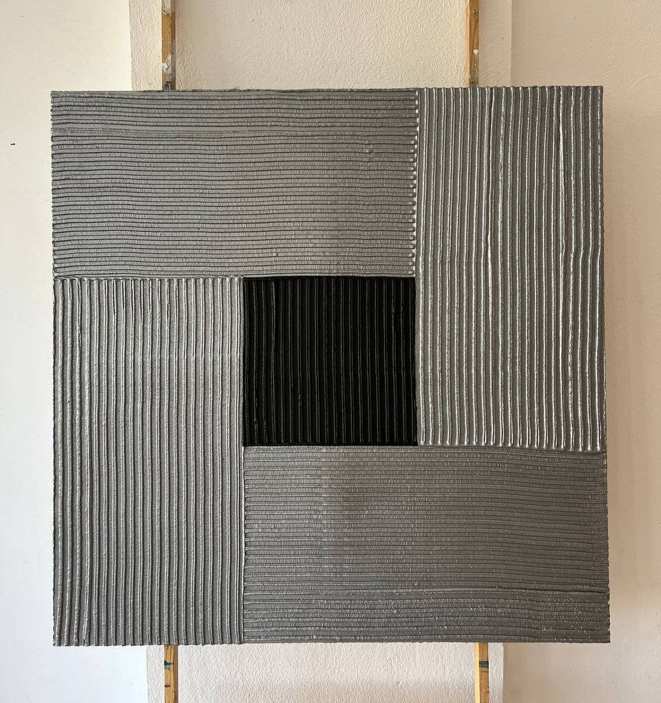 Silent Geometry – Minimalist Grey Palette Knife Layered Wabi-Sabi Painting | Japandi Wabi-Sabi Living Room & Bedroom Art