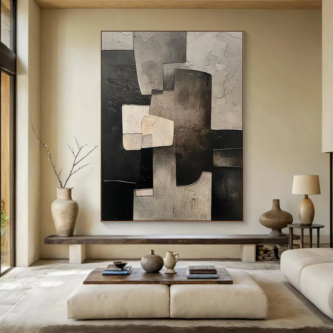 URBAN MATRIX: Bold Architectural Abstract, Heavy Texture Black & Stone Grey Painting