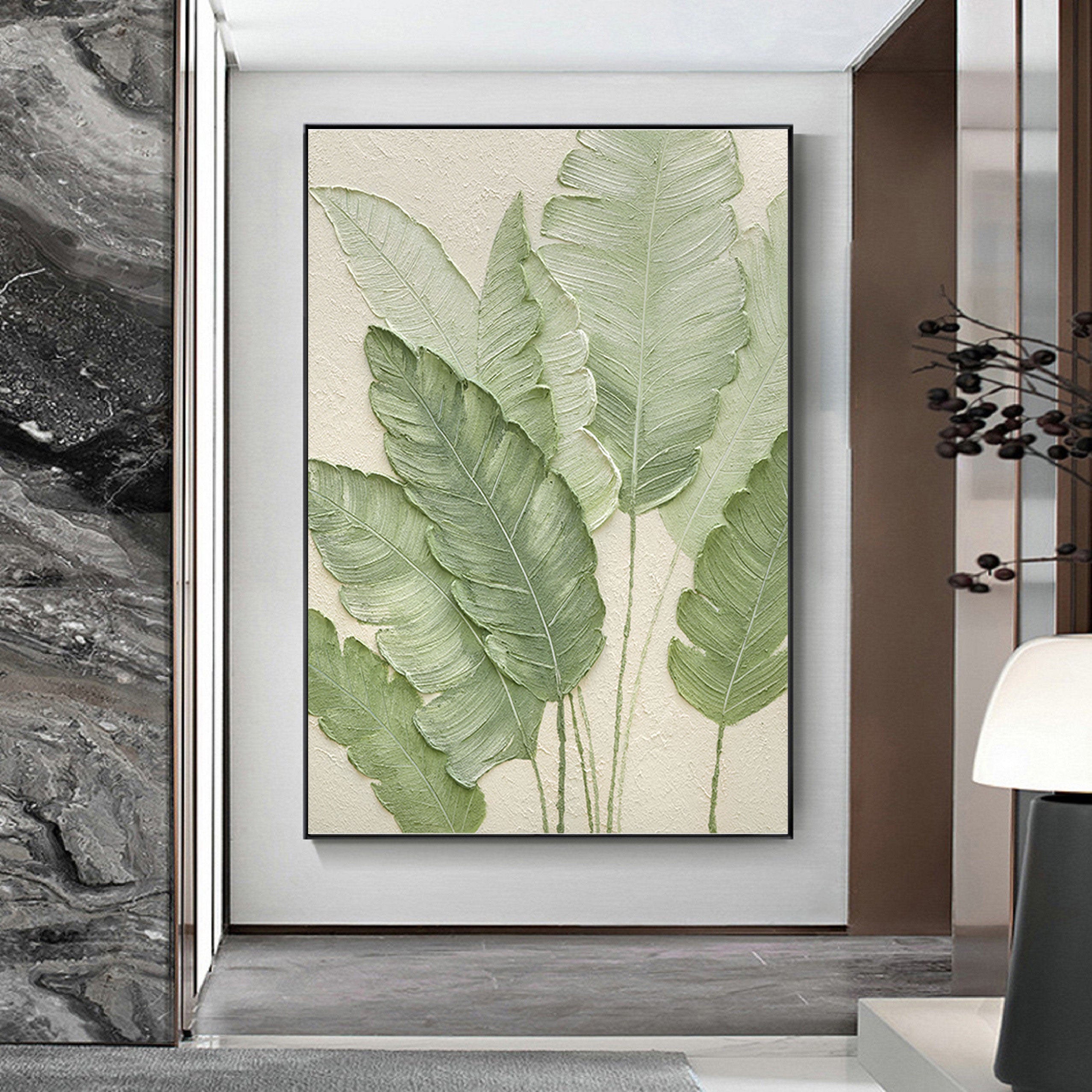 Tropical Calm – Hand-Painted Banana Leaf Plaster Relief Minimalist Green Botanical Floral Painting | Tropical Botanical Bedroom & Dining Room Art