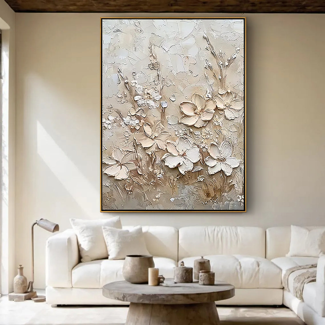 Ivory Blossoms – 3D Impasto Creamy White Floral Hand-Painted Plaster Effect Floral Painting | Soft Organic Botanical Bedroom & Living Room Art