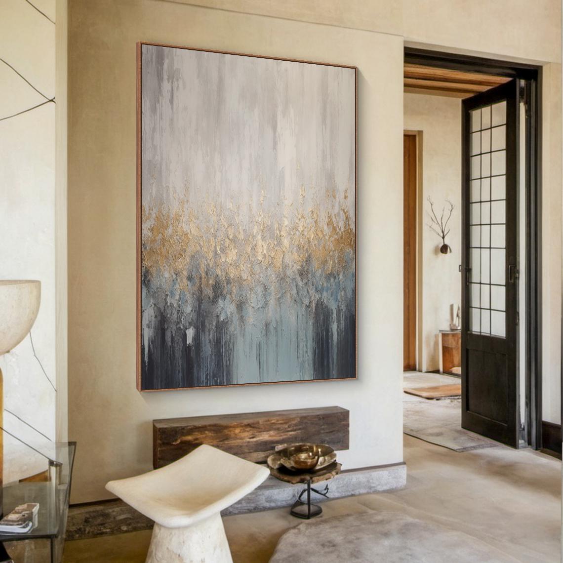 Golden Mist – Hand-Painted Grey and Gold Foil Abstract Plaster Effect Wabi-Sabi Painting | Japandi Wabi-Sabi Living Room & Bedroom Art