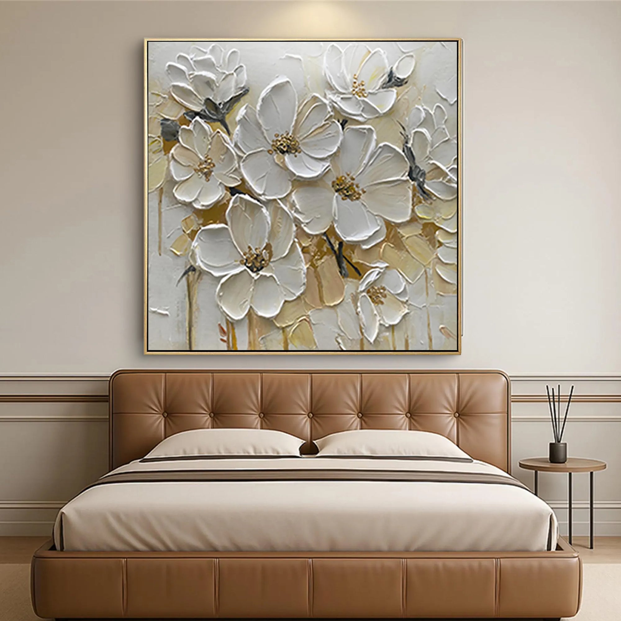 Creamy Bloom – White Petal Relief Floral Painting | Soft Organic Botanical Bedroom & Living Room Art