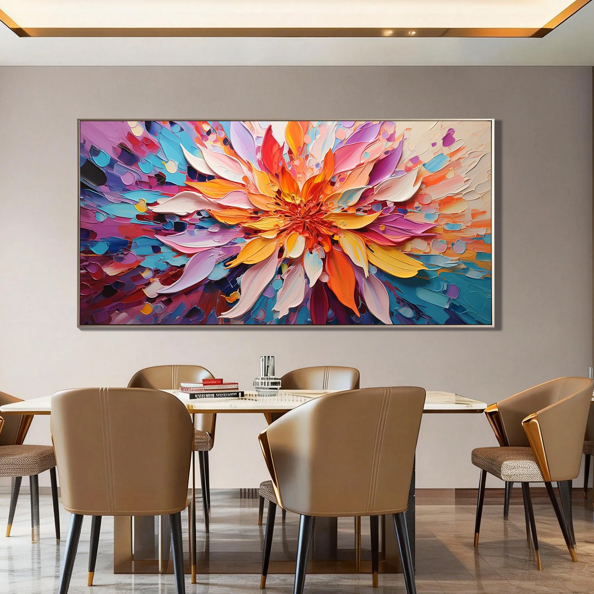 Radiant Petals – Hand-Painted Radial Palette Knife Petals Thick Floral Painting | Contemporary Botanical Bedroom & Living Room Art
