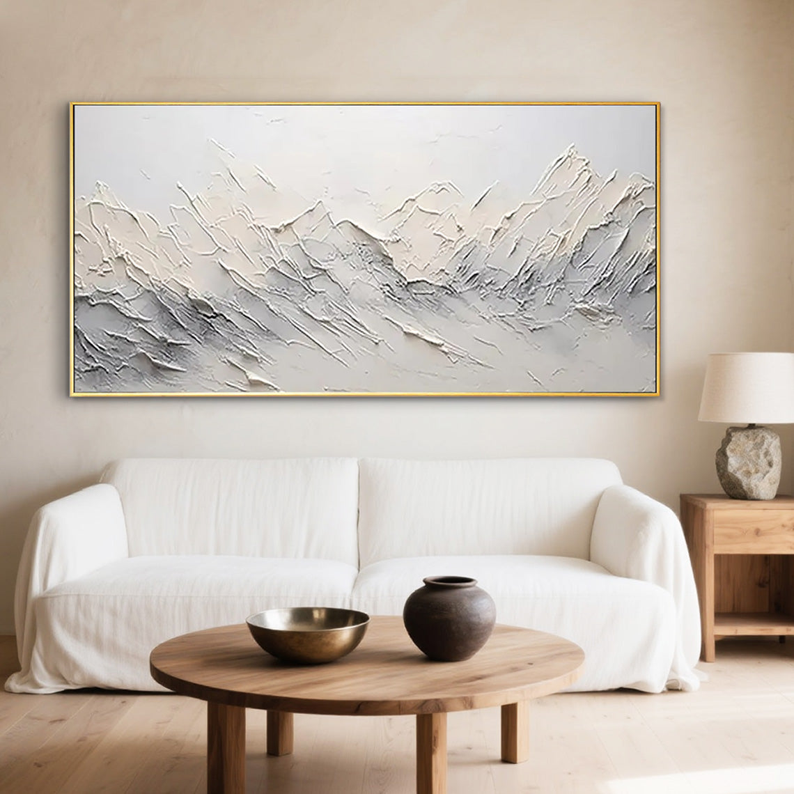 SNOWY PEAKS: Mountain Wall Art, Hand-Painted Plaster Effect 3D Palette Knife Heavy Texture Canvas Painting