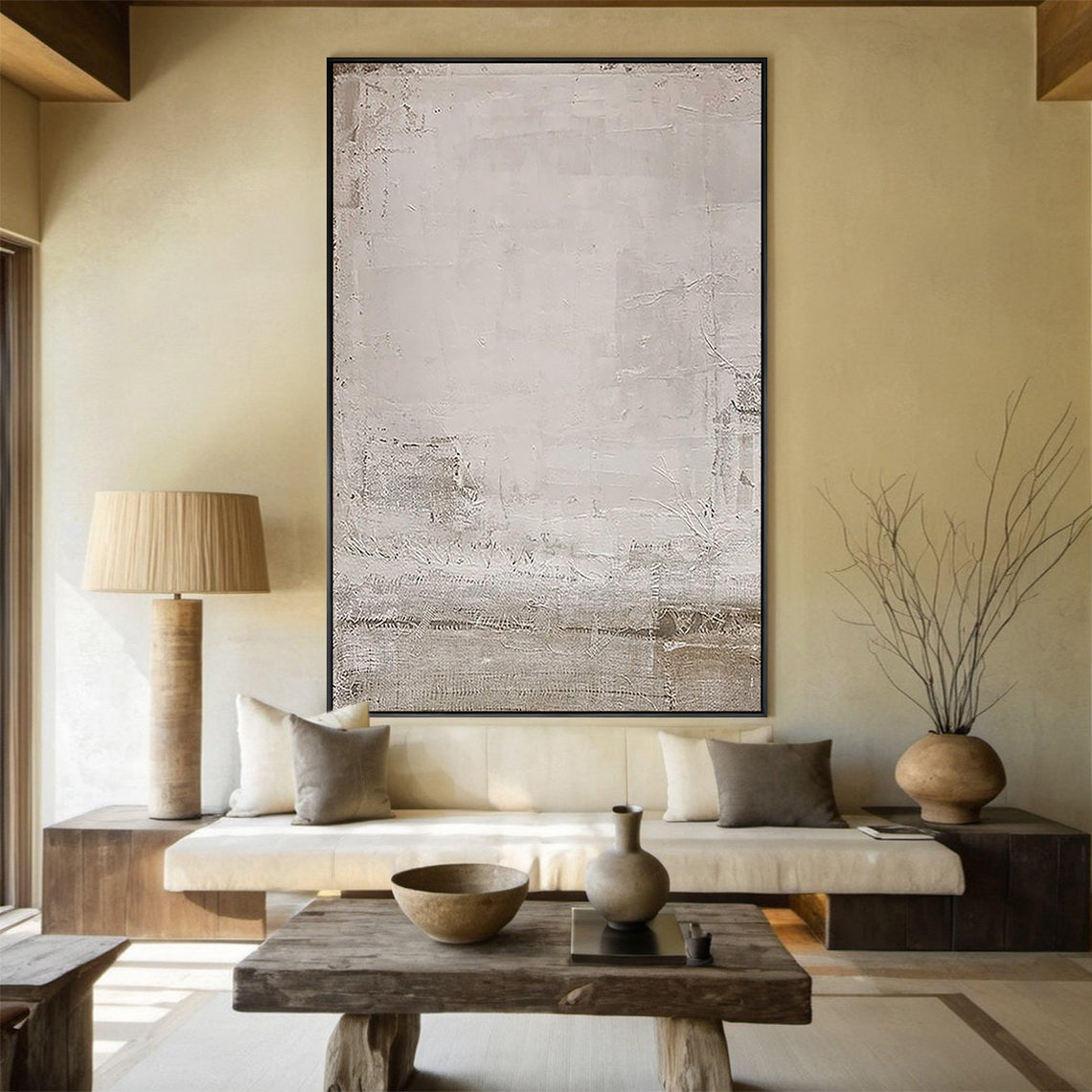 Ancient Vestige – Hand-Painted Distressed Grey and White Plaster Effect Wabi-Sabi Painting | Japandi Wabi-Sabi Living Room & Bedroom Art
