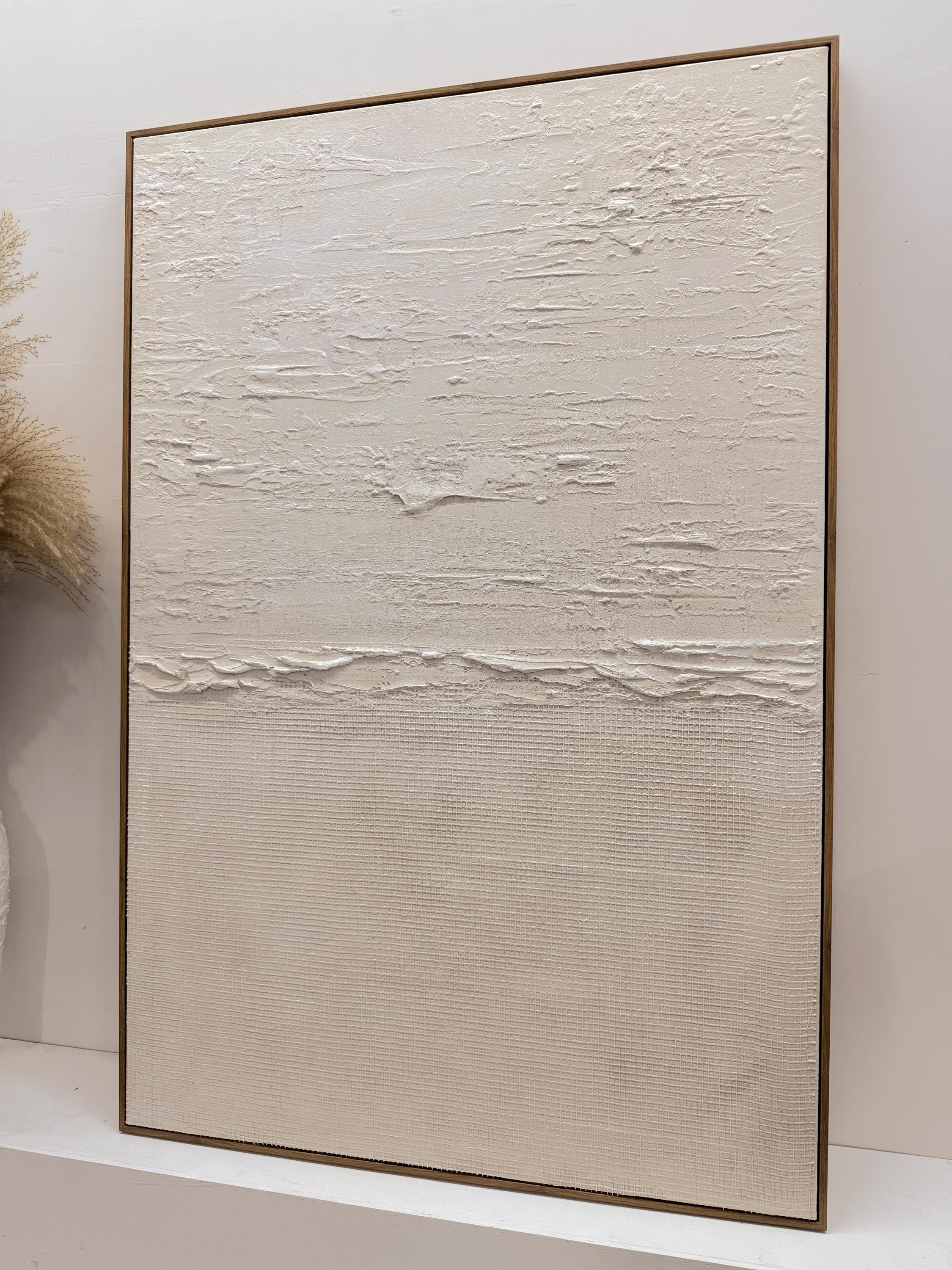 Creamy Horizon – Hand-Painted Minimalist Beige Two-Tone Plaster Effect Wabi-Sabi Painting | Japandi Organic Wabi-Sabi Living Room & Hallway Art