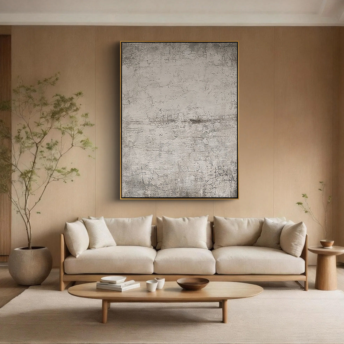 Earthen Vestige – Hand-Painted Distressed Grey Plaster Effect Wabi-Sabi Painting | Japandi Wabi-Sabi Living Room & Bedroom Art
