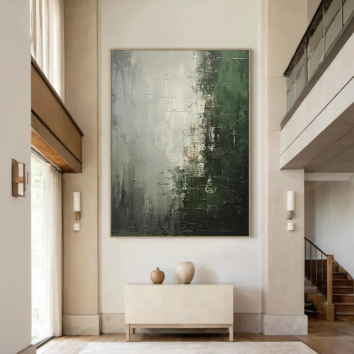 Forest Mist – Hand-Painted Dark Green and Grey Plaster Effect Wabi-Sabi Painting | Contemporary Landscape Living Room & Dining Room Art