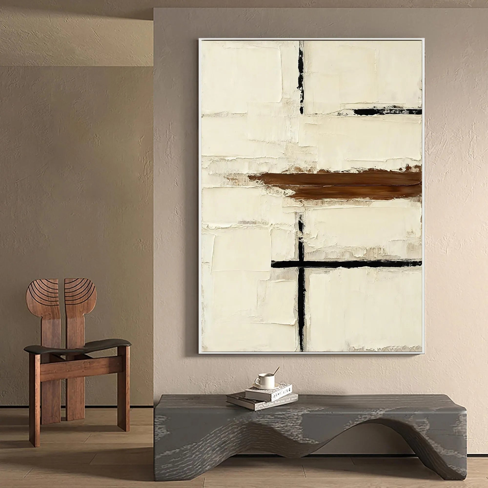 Modern Structure – Creamy White & Espresso Relief Minimalist Painting | Modern Minimalist Bedroom & Home Office Art