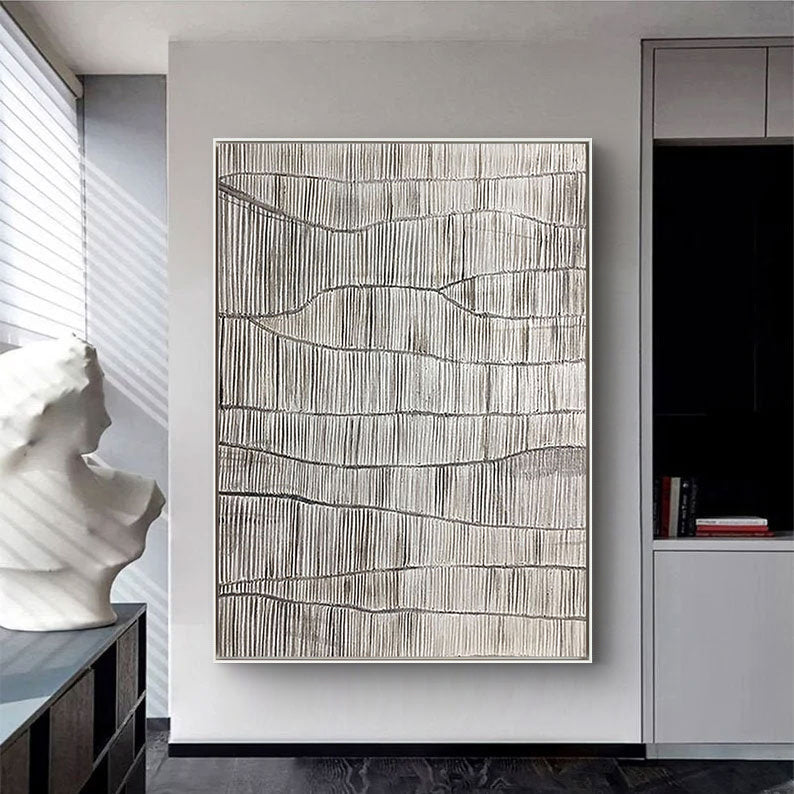 Linen Trace – Modern Minimalist Linear Texture Hand-Painted Neutral Wabi-Sabi Painting | Japandi Organic Wabi-Sabi Living Room & Hallway Art