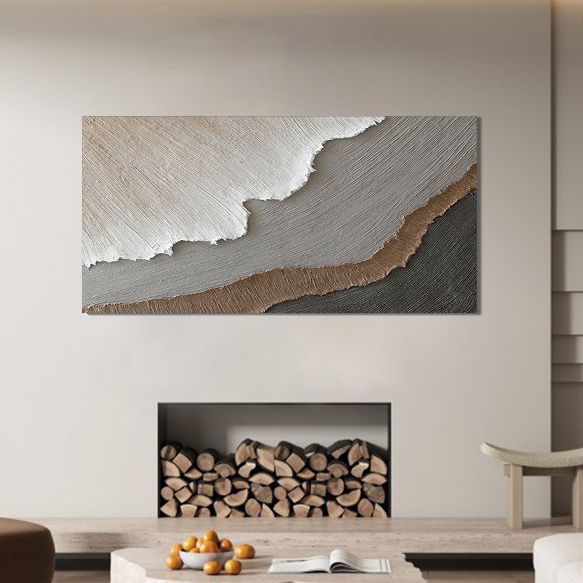 Terrain Strata – Hand-Painted Neutral Grey and Brown 3D Plaster Relief Texture Painting | Japandi Organic Texture Living Room & Bedroom Art