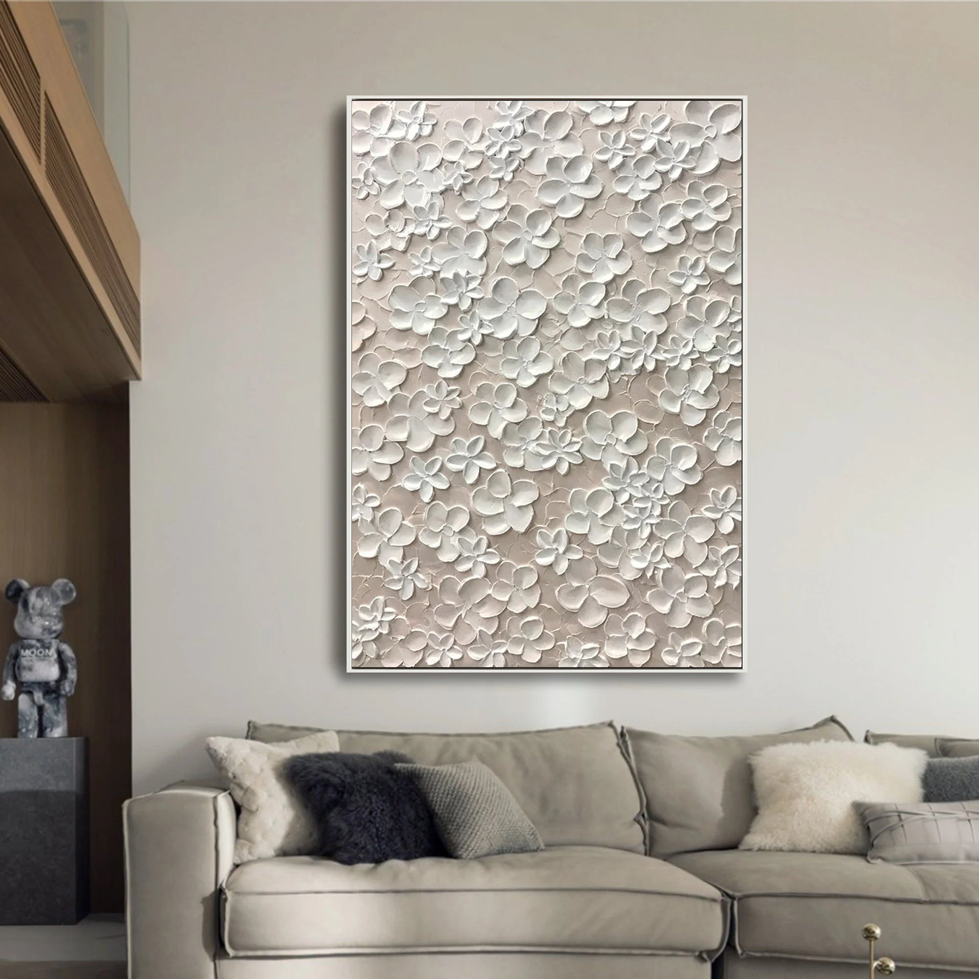 PURE BLOSSOM: Floral Wall Art, Hand-Painted All-Over White Flower Relief 3D Plaster Effect Heavy Texture Studio Art