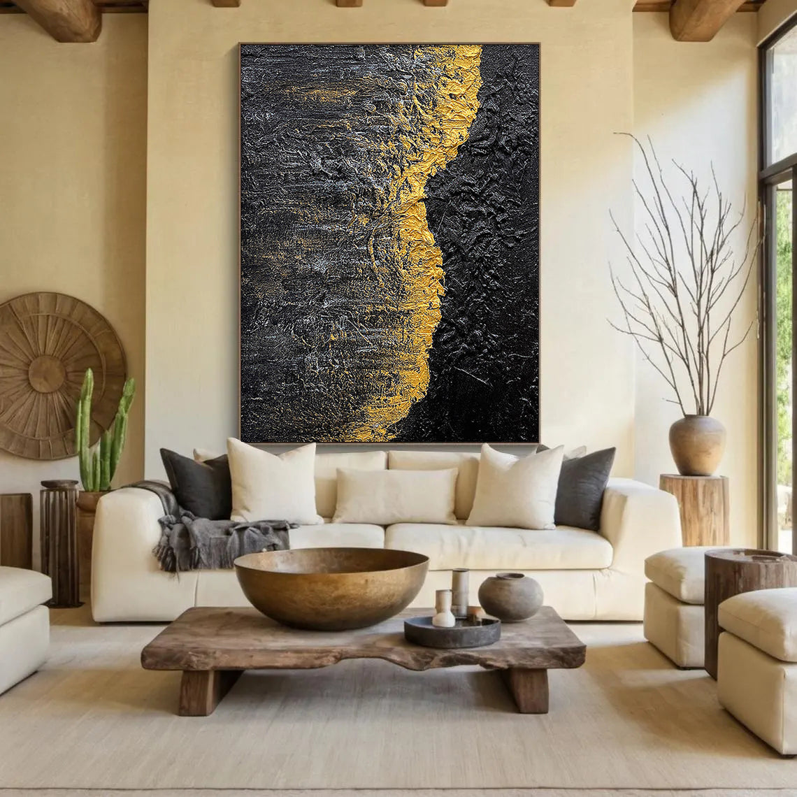 Golden Rift – Heavy Impasto Black and Gold Abstract Art | Luxury Minimalist Living Room Art