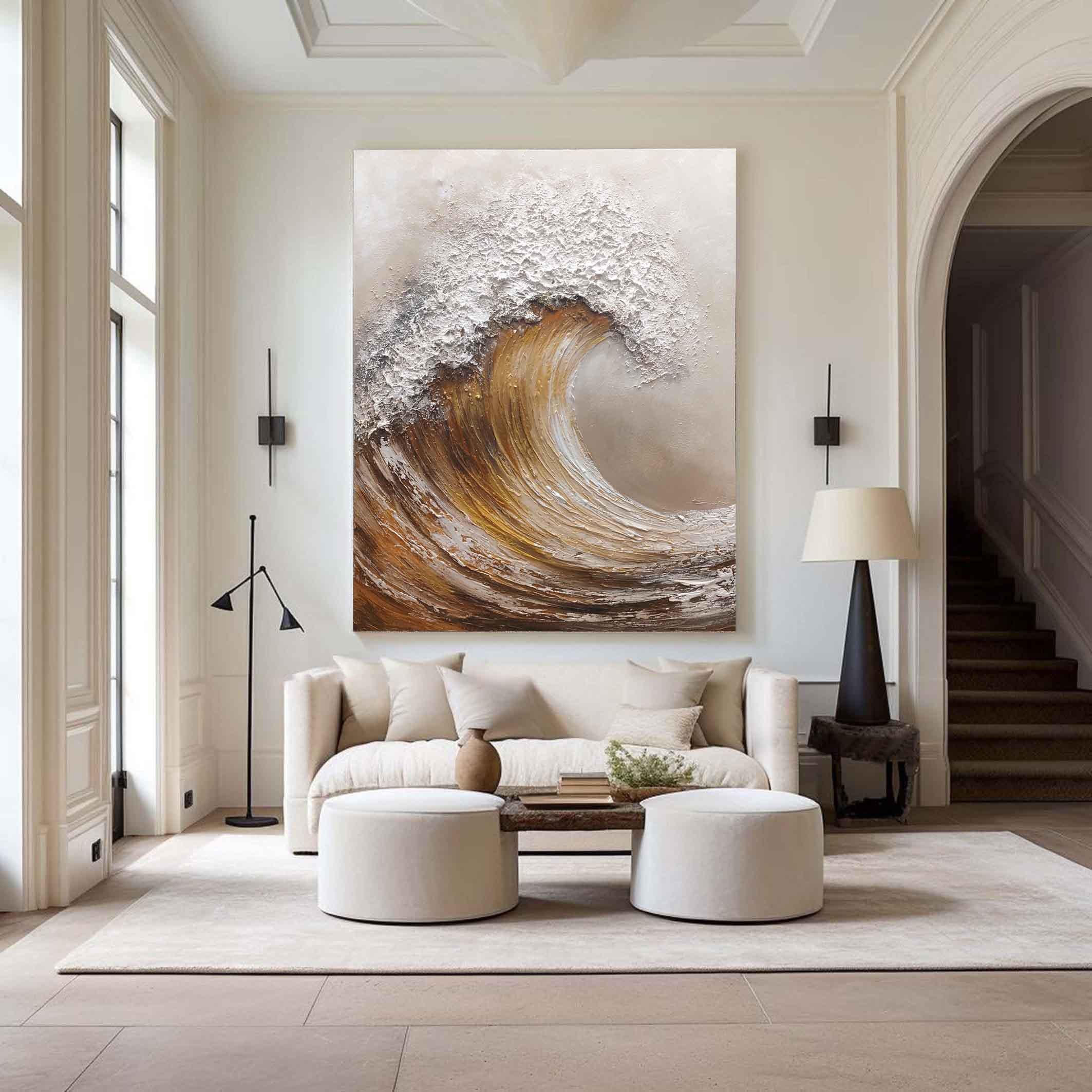 Amber Surge – Modern Creamy Ivory Abstract Heavy Impasto Painting | Contemporary Impasto Palette Knife Living Room Art