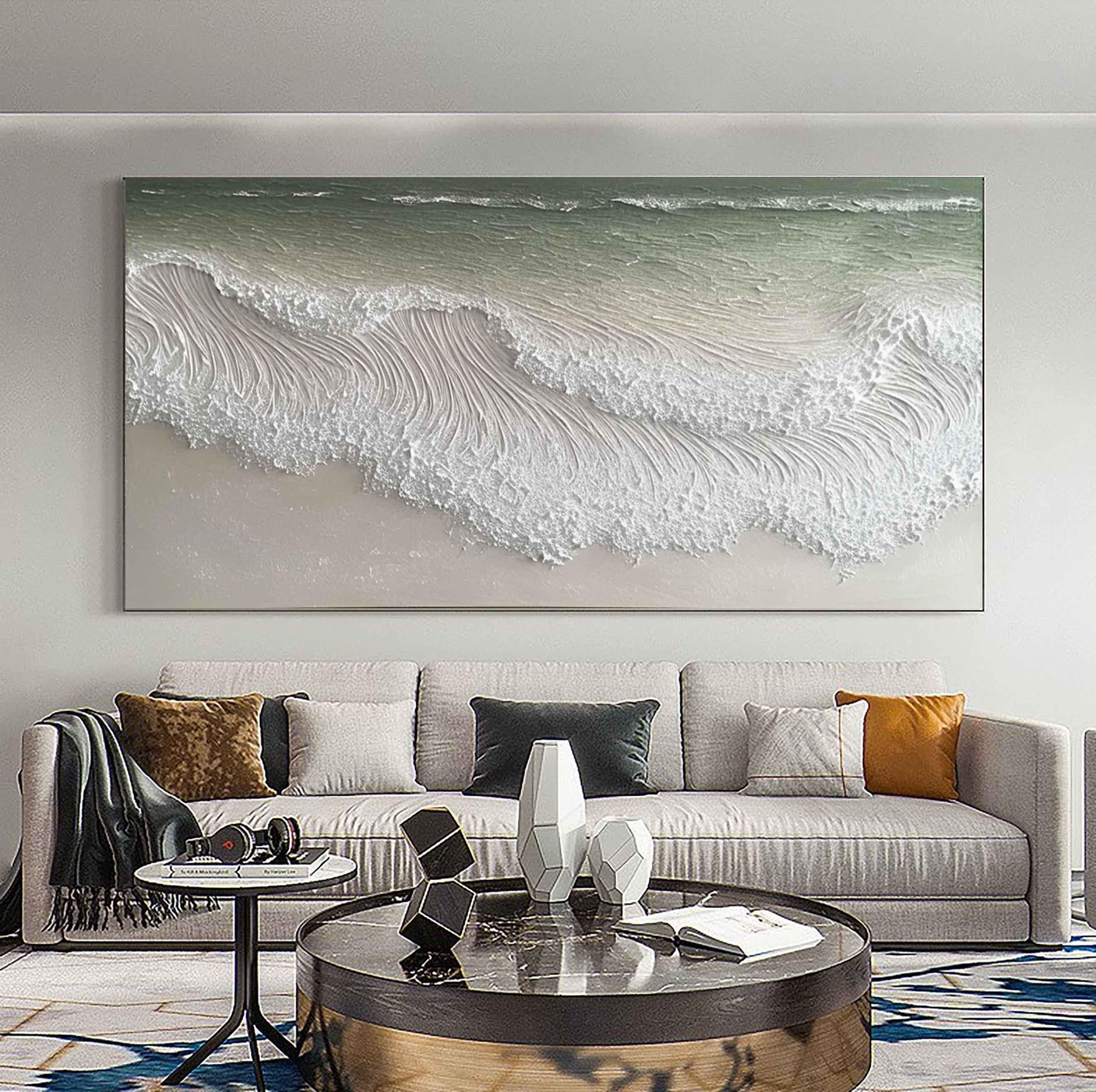 Ocean Froth – Hand-Painted Plaster Effect Sea Foam Wave Relief Seascape Painting | Coastal Modern Living Room & Bedroom Art