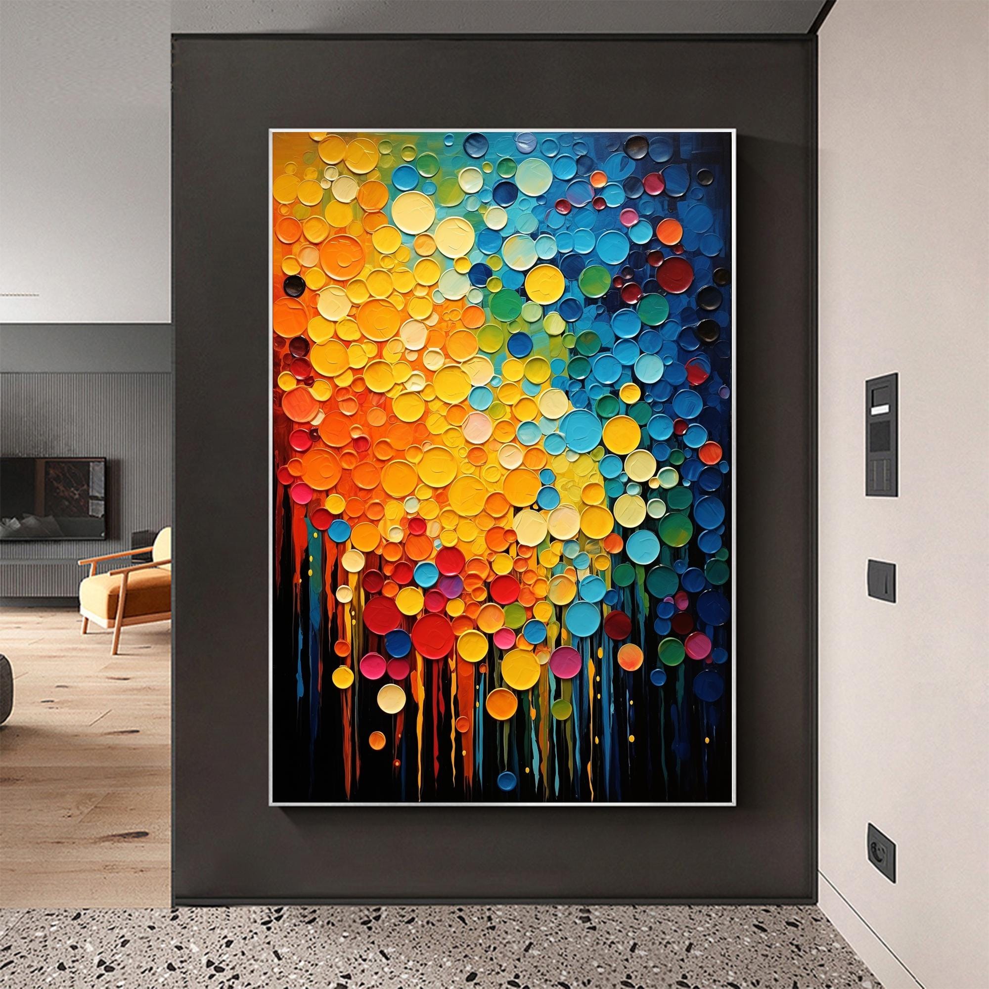 Vibrant Dots – Hand-Painted Multicolored Circular Pop Art Palette Knife Texture Painting | Bold Abstract Palette Knife Living Room Art