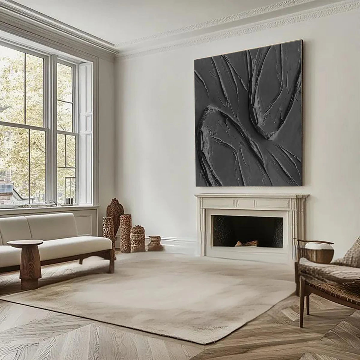 ONYX RIPPLE: Texture Wall Art, Hand-Painted All-Black Minimalist 3D Impasto Palette Knife Heavy Texture Gallery Art