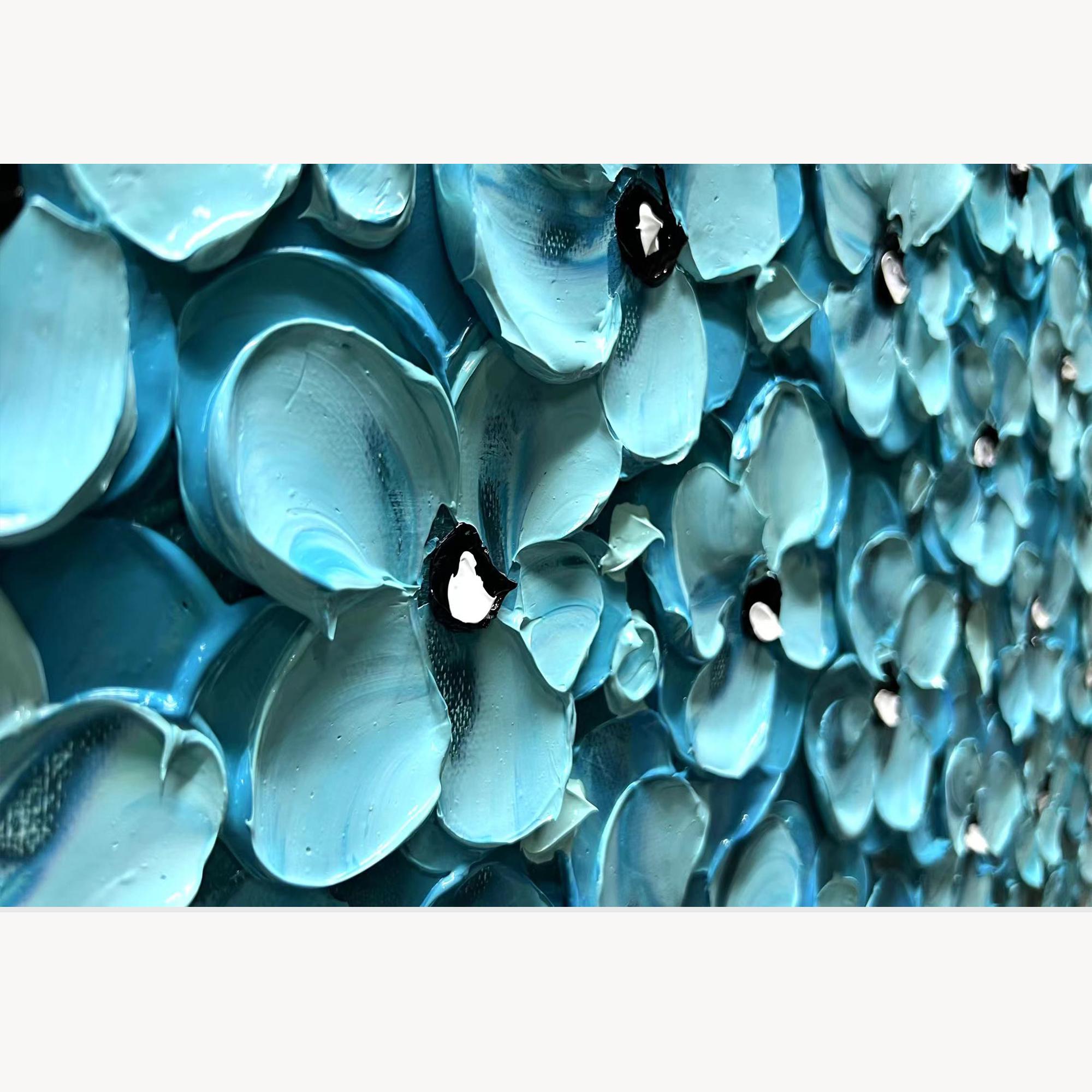 Cerulean Symphony – Modern Heavy Impasto Teal Bouquet | Sophisticated Horizontal Living Room Art