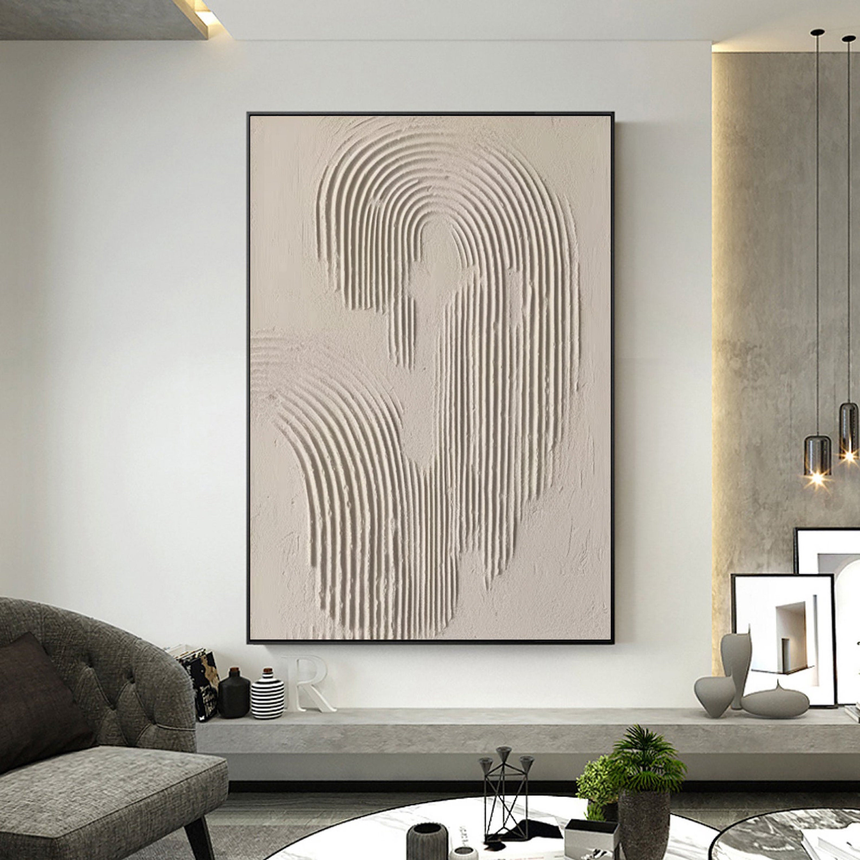Ripple Echo – Hand-Painted Neutral Sand Plaster Effect Arch Ripple Relief Wabi-Sabi Painting | Japandi Organic Wabi-Sabi Living Room & Hallway Art