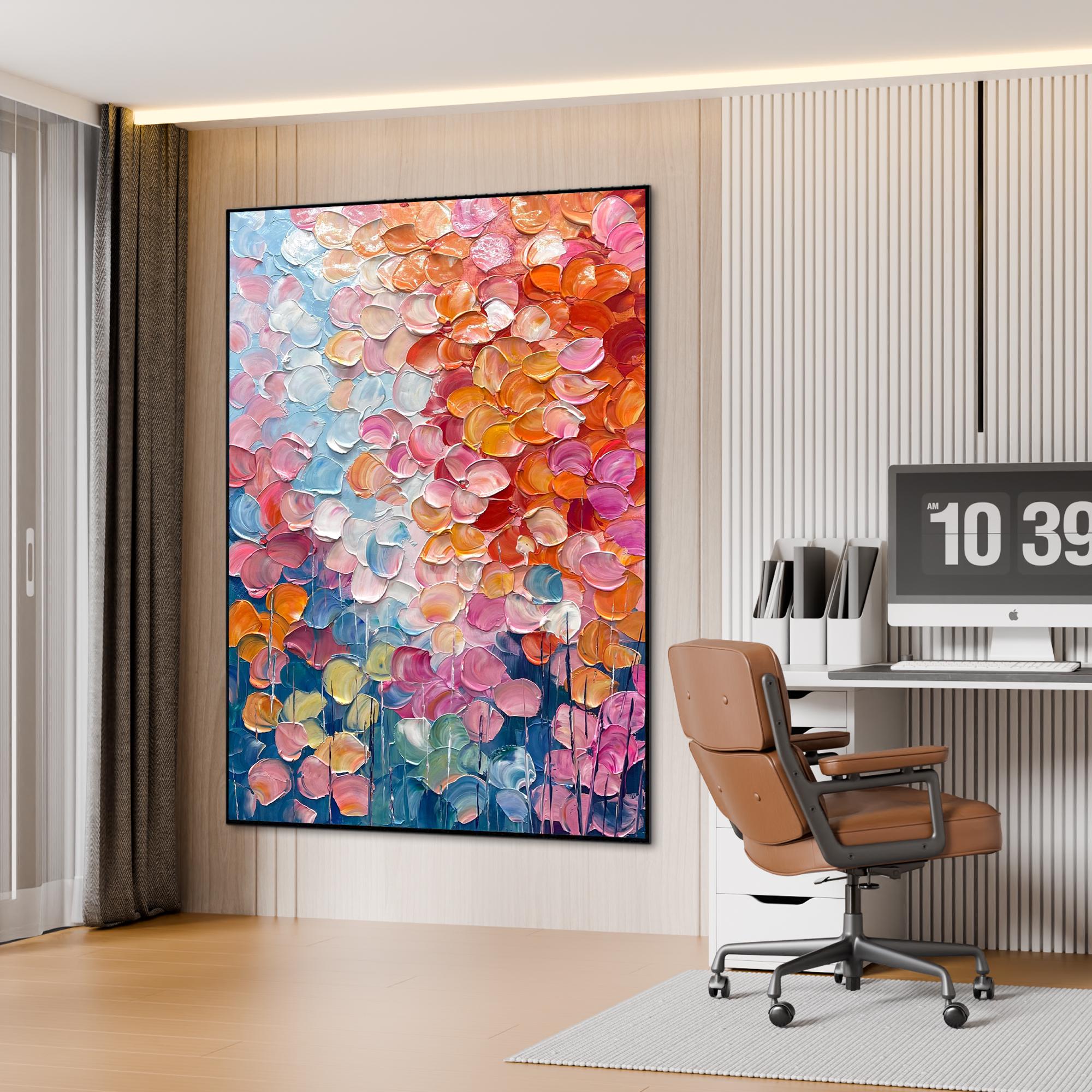 Vibrant Bloom – Hand-Painted Multicolored Rainbow Palette Knife Floral Painting | Vibrant Botanical Living Room & Dining Room Art