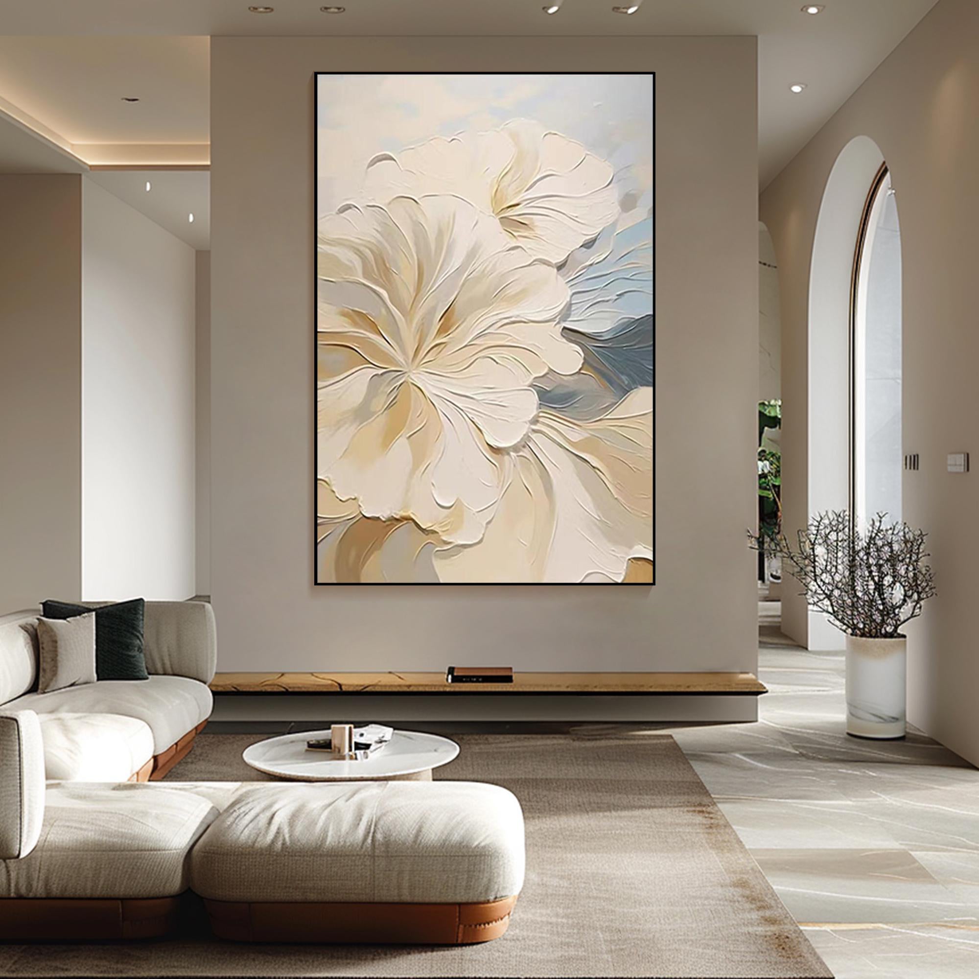 Serenade in Bloom – Modern French Cream Textured Painting | Romantic Blue & Beige Floral Bedroom Art