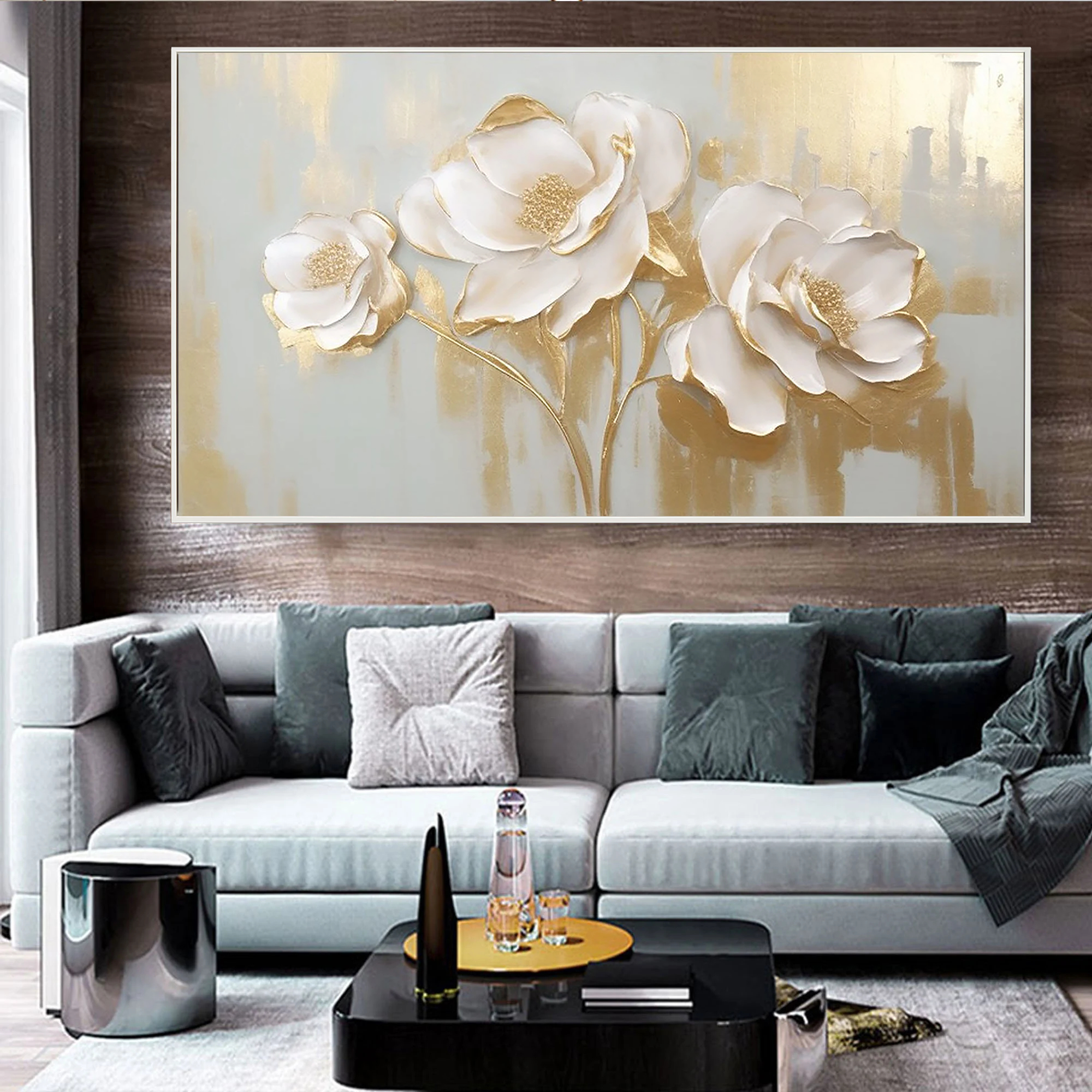 Golden Elegance – Hand-Painted Light Grey and Gold Foil 3D Relief Plaster Effect Floral Painting | Modern Luxury Botanical Bedroom & Living Room Art