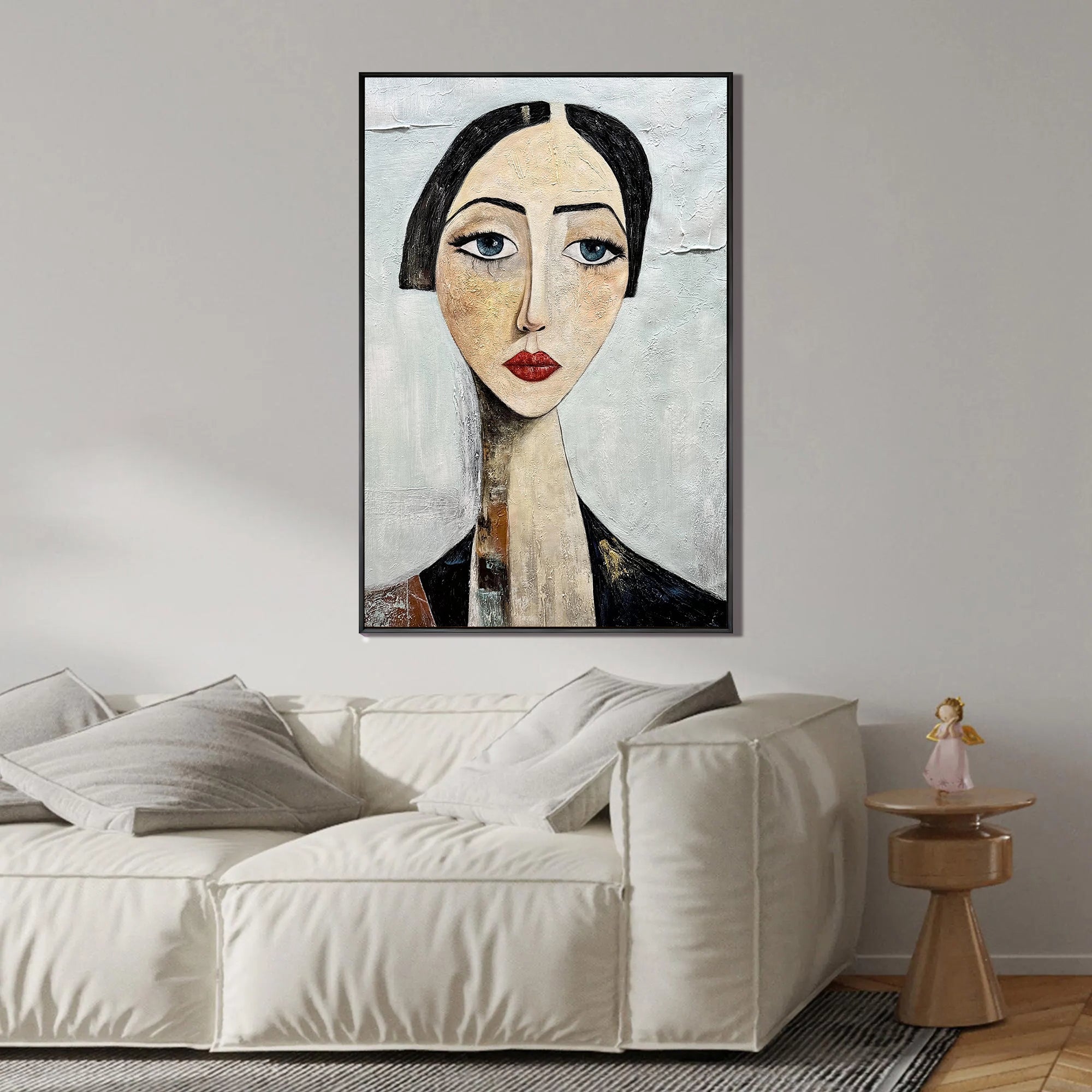 The Sapphire Gaze – Expressionist Modigliani-Style Woman Portrait Painting | Retro Minimalist Living Hallway Art