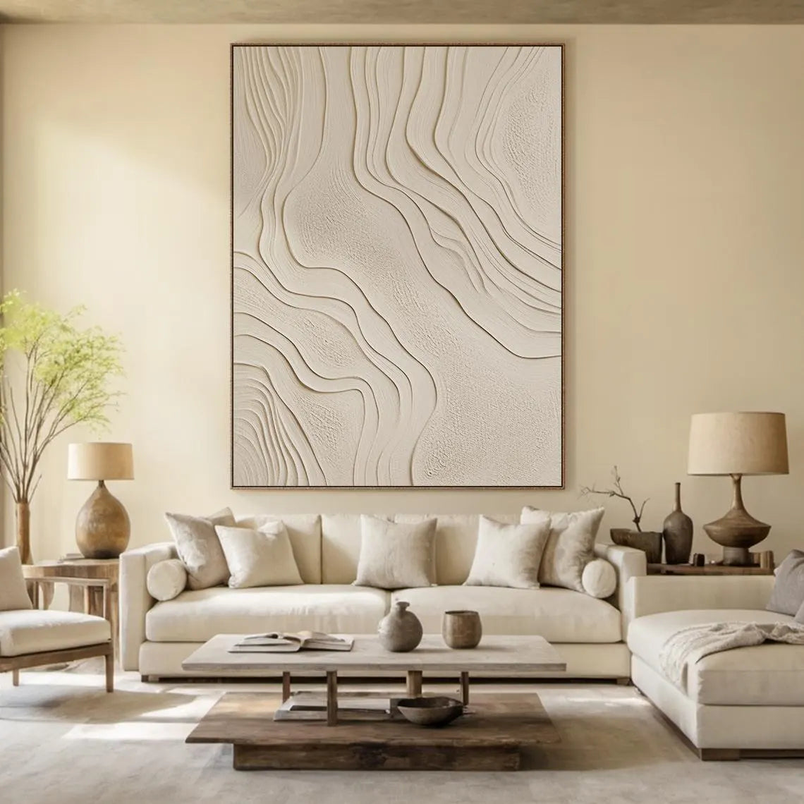 Zen Ripple – Hand-Painted Minimalist Beige Organic Wave Line 3D Plaster Effect Relief Wabi-Sabi Painting | Japandi Organic Wabi-Sabi Living Room & Hallway Art