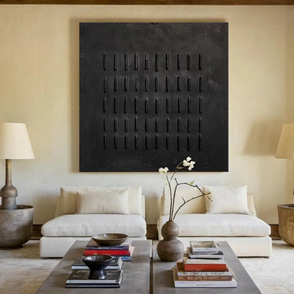 Onyx Rhythm – Hand-Painted All-Black Minimalist Plaster Relief Wabi-Sa