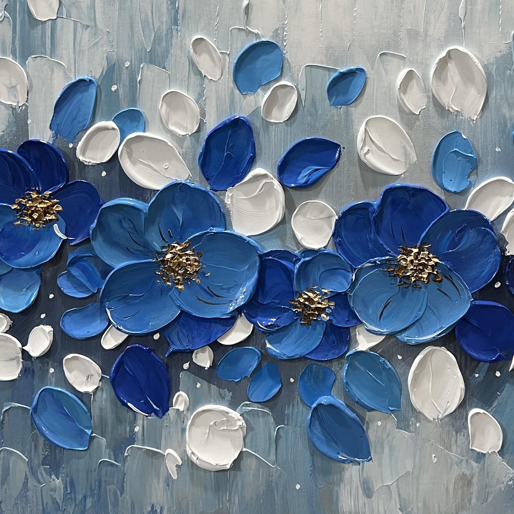 ROYAL PETALS: Flower-Tree Art, Hand-Painted Horizontal Royal Blue and White 3D Textured Palette Knife Heavy Texture Canvas Painting