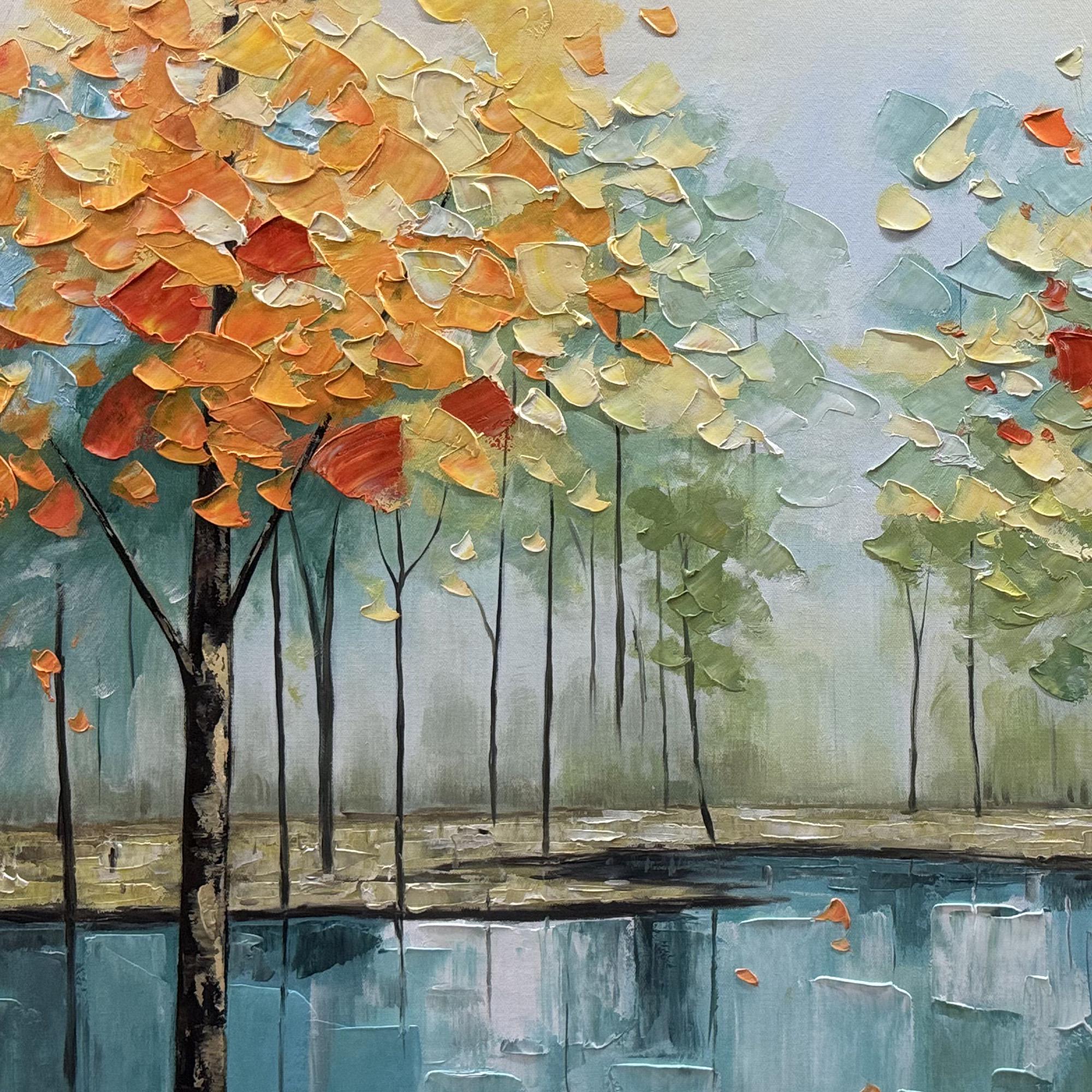 Autumn Reflection – Hand-Painted Orange and Teal Birch Forest Floral Painting | Contemporary Botanical Bedroom & Living Room Art