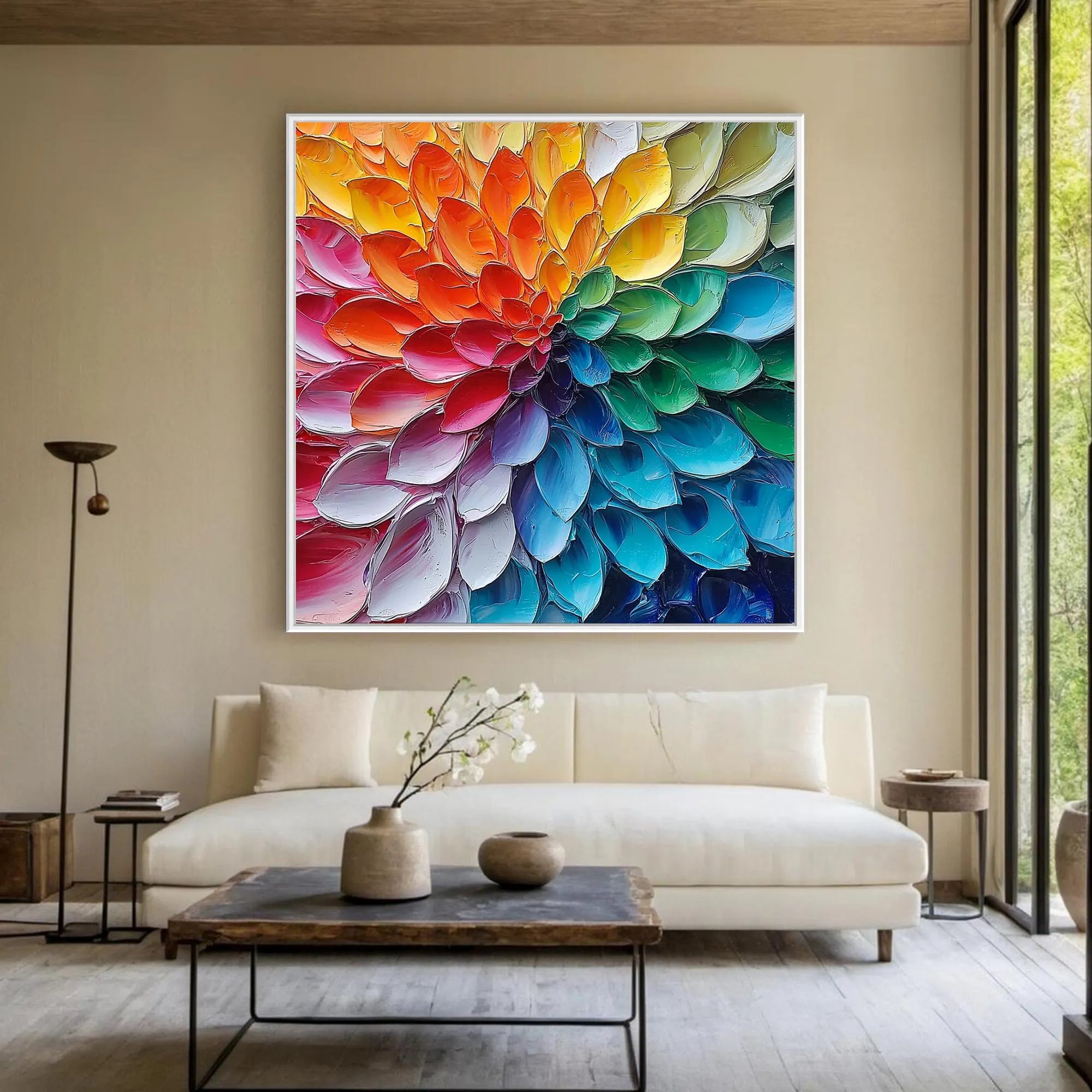 RAINBOW RADIANCE: Modern Square 3D Heavy Texture Abstract Wall Art, Vibrant Petal Relief Canvas