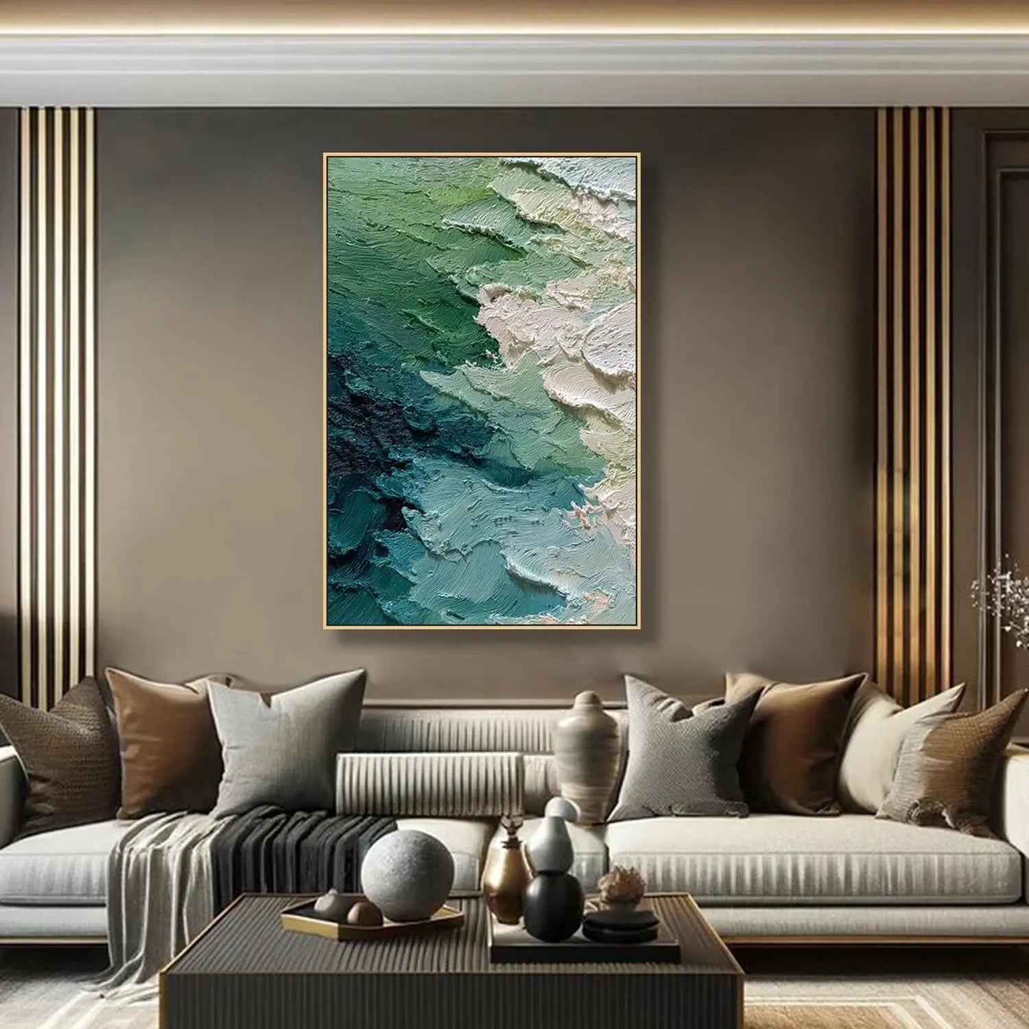 Moss Strata – Sage Green Abstract Shoreline Wabi-Sabi Painting | Japandi Wabi-Sabi Living Room & Bedroom Art
