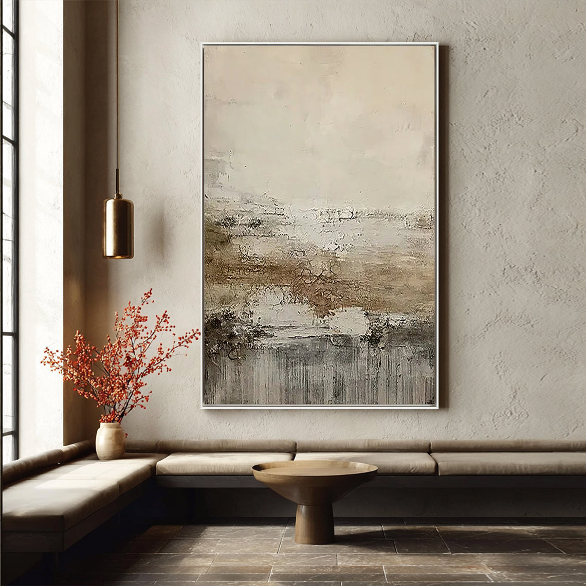 Earthen Mist – Hand-Painted Distressed Brown and Beige Plaster Effect Abstract Painting | Japandi Organic Wabi-Sabi Living Room & Hallway Art