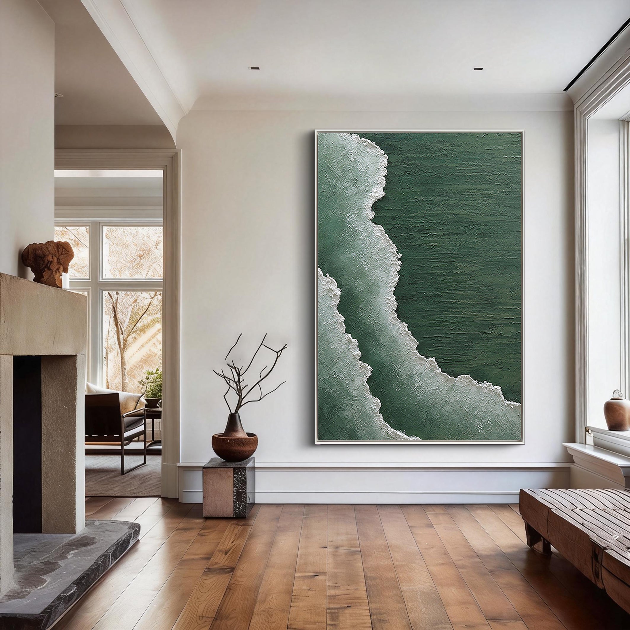 Emerald Tide – Deep Green Forest Sea Foam Relief Landscape Painting | Contemporary Landscape Living Room & Dining Room Art