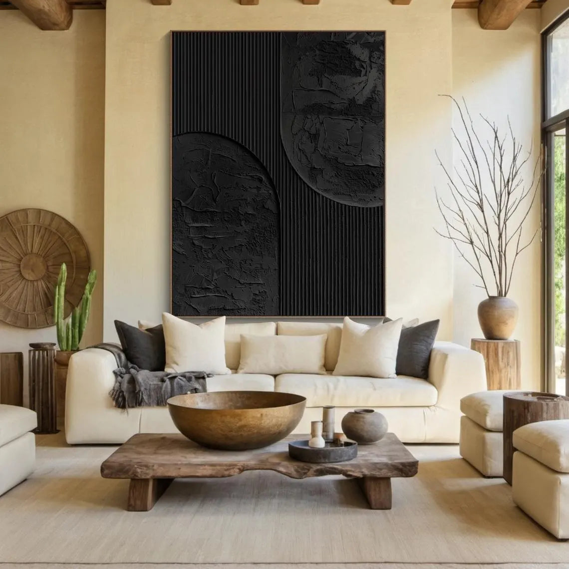 Midnight Silence – Hand-Painted Pure Black Plaster Effect Geometric Relief Wabi-Sabi Painting | Japandi Wabi-Sabi Living Room & Bedroom Art