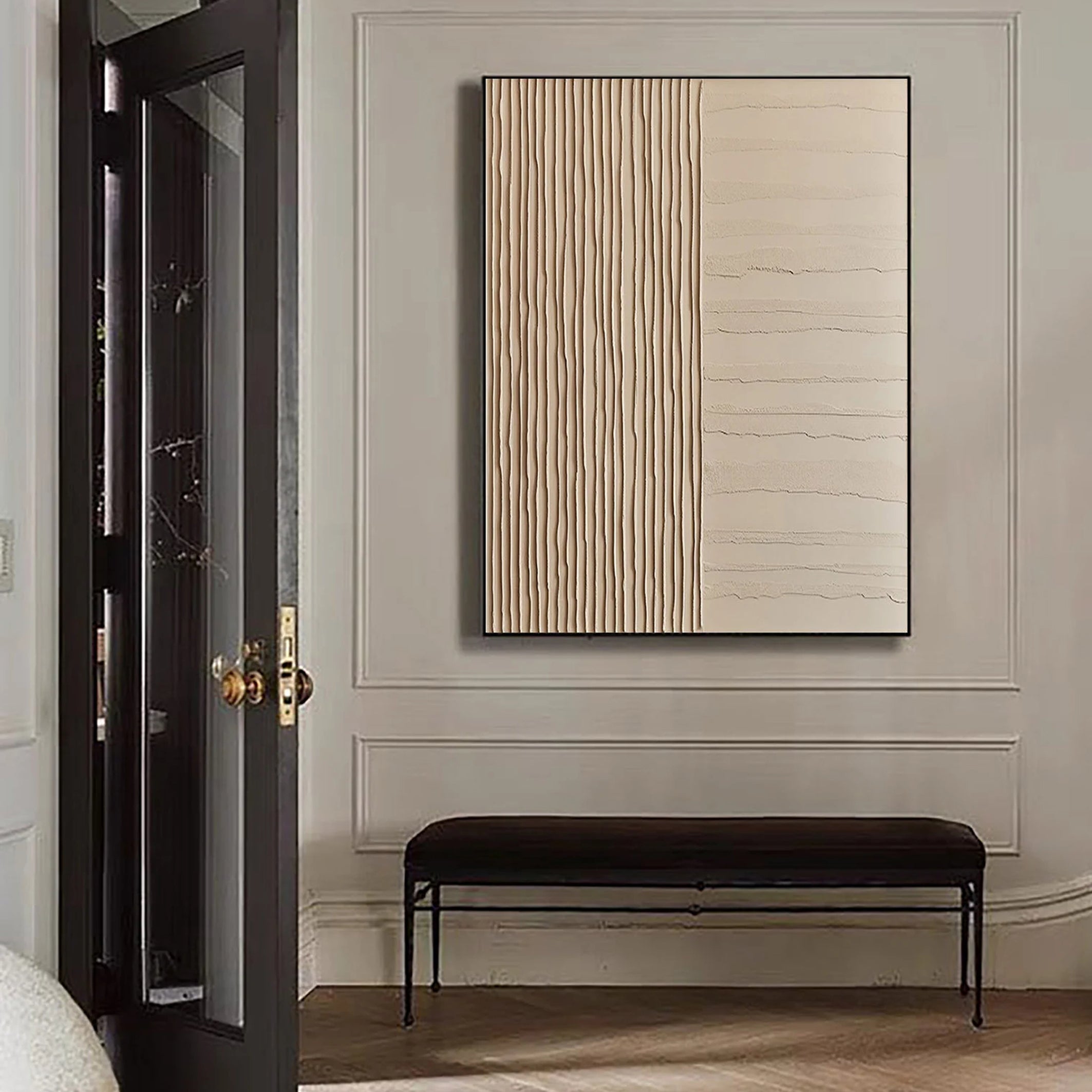 Linear Harmony – Hand-Painted Minimalist Beige Line Plaster Effect Relief Wabi-Sabi Painting | Japandi Organic Wabi-Sabi Living Room & Hallway Art
