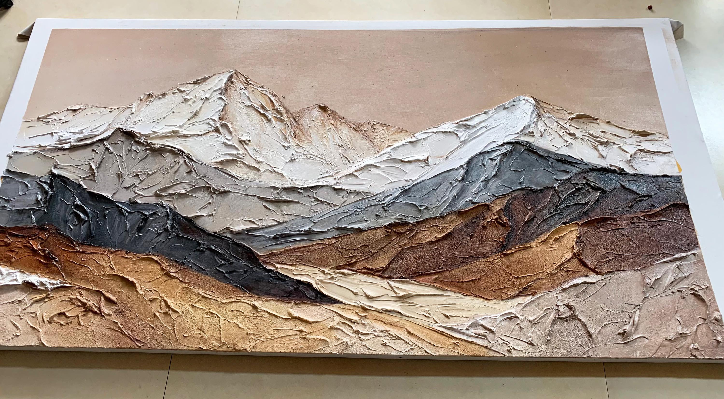 ALPINE SUMMIT: Mountains Valley Art, Hand-Painted Horizontal Oatmeal and Grey Mountain Range Plaster Relief 3D Textured Gallery Art