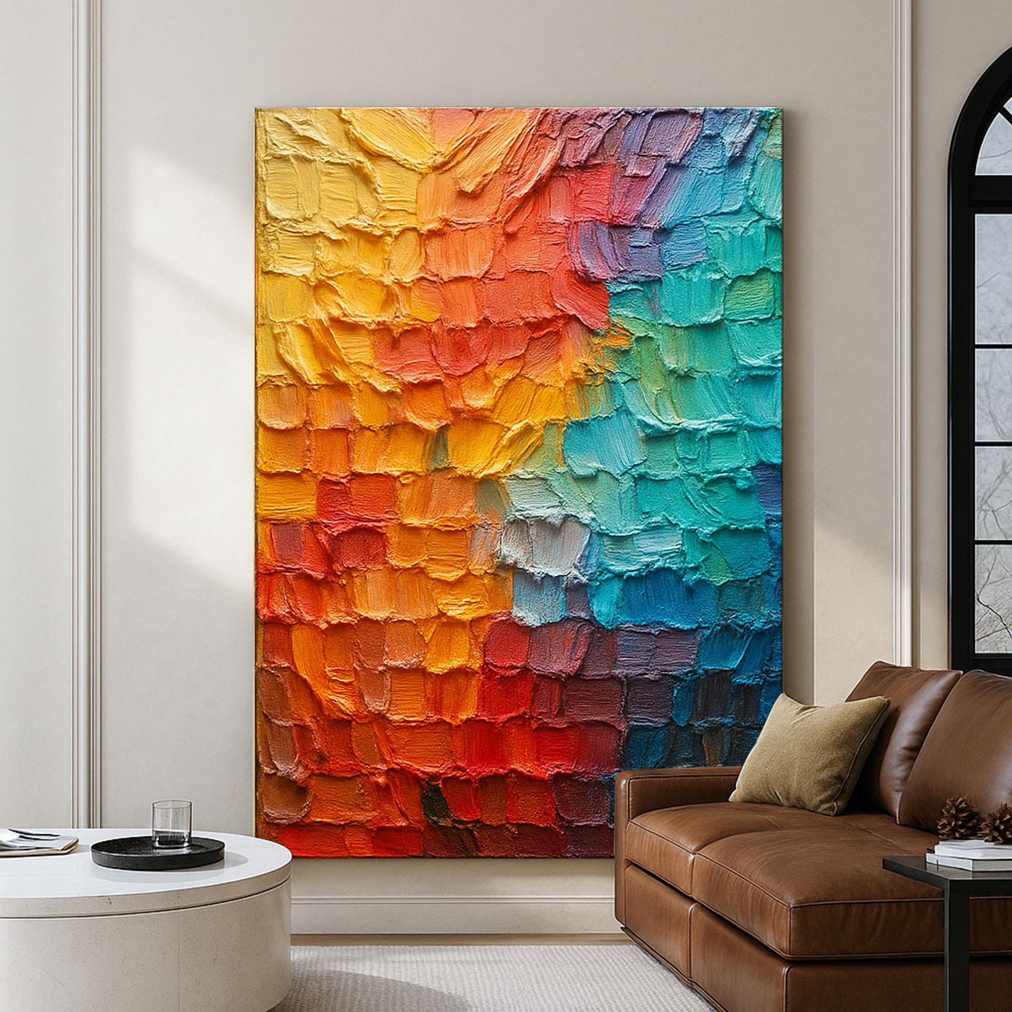 Spectrum Cube – Hand-Painted Multicolored Rainbow Palette Knife 3D Abstract Painting | Bold Abstract Palette Knife Living Room Art