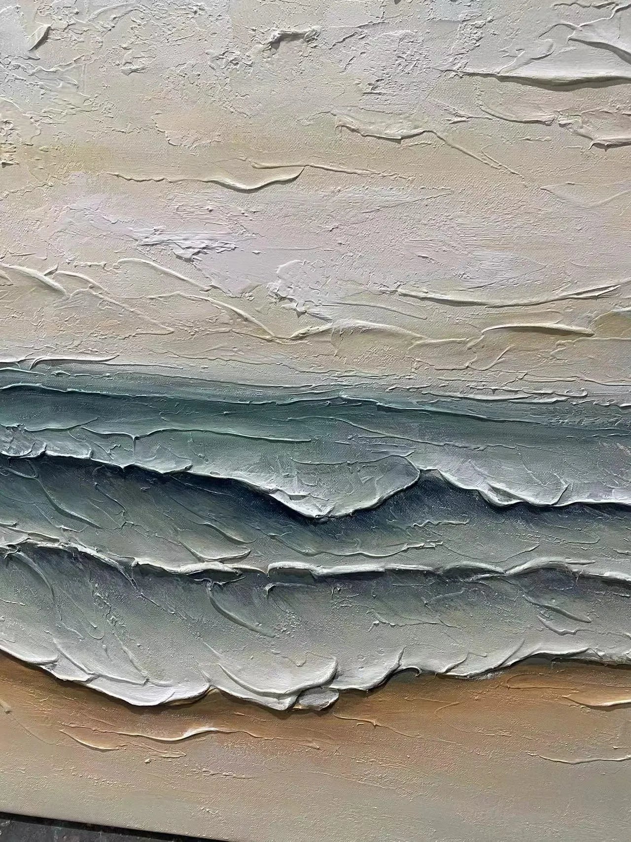 CREAMY SHORE: Texture Wall Art, Hand-Painted Horizontal Off-White and Pale Blue 3D Textured Coastal Canvas Art
