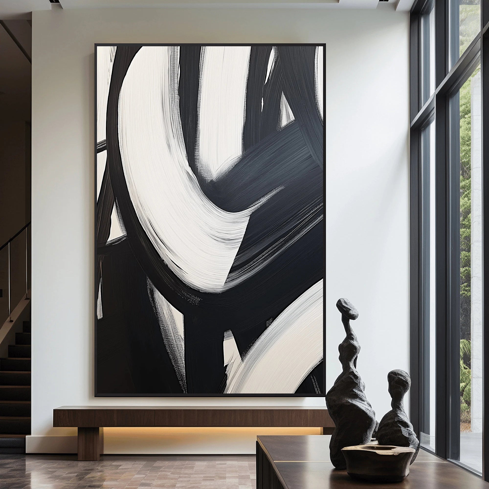 Zen Spiral – 3D Sculptural Black & White Abstract Minimalist Painting | Bold Minimalist Bedroom & Home Office Art