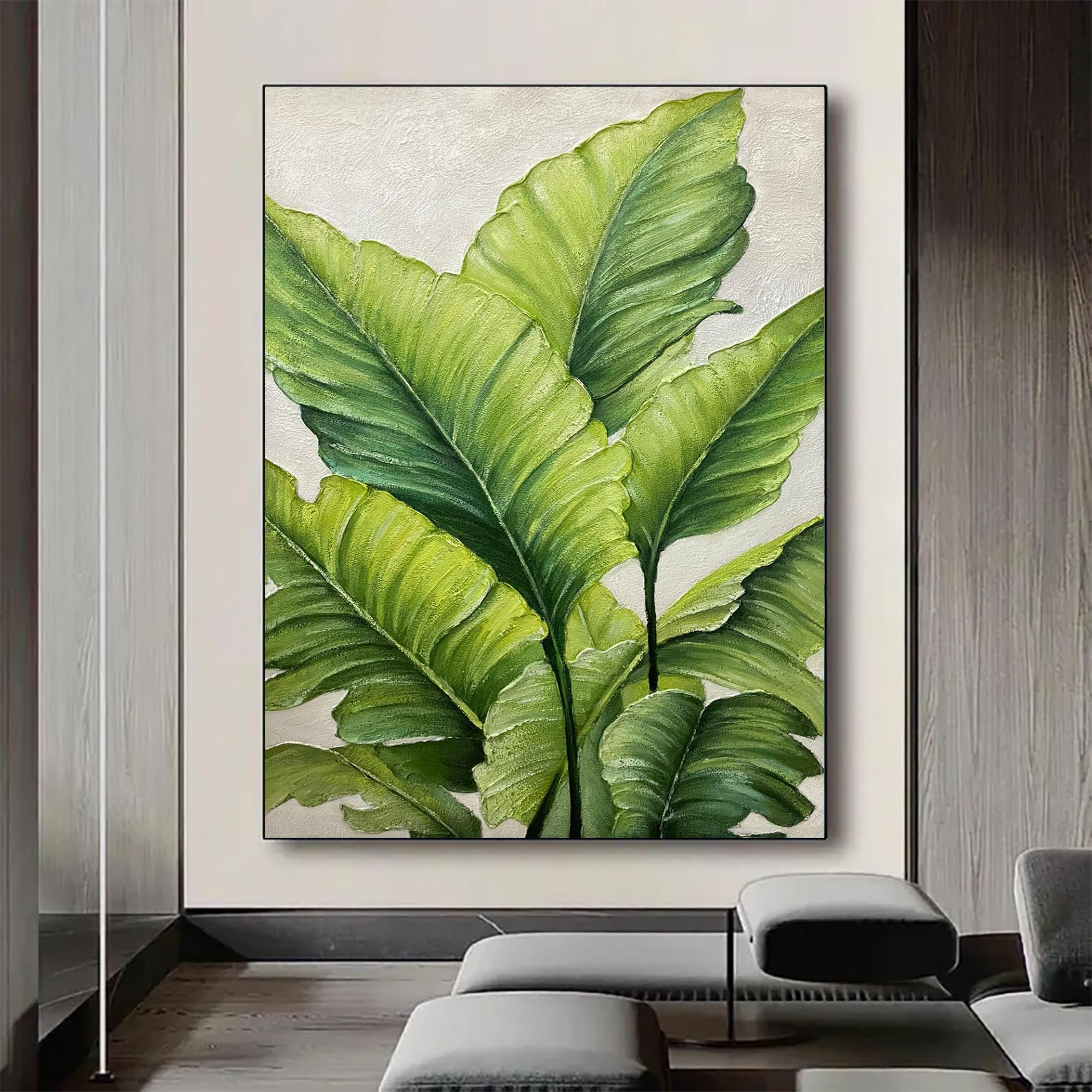 Emerald Breeze – Hand-Painted Emerald Green Tropical Leaf 3D Floral Painting | Tropical Botanical Bedroom & Dining Room Art
