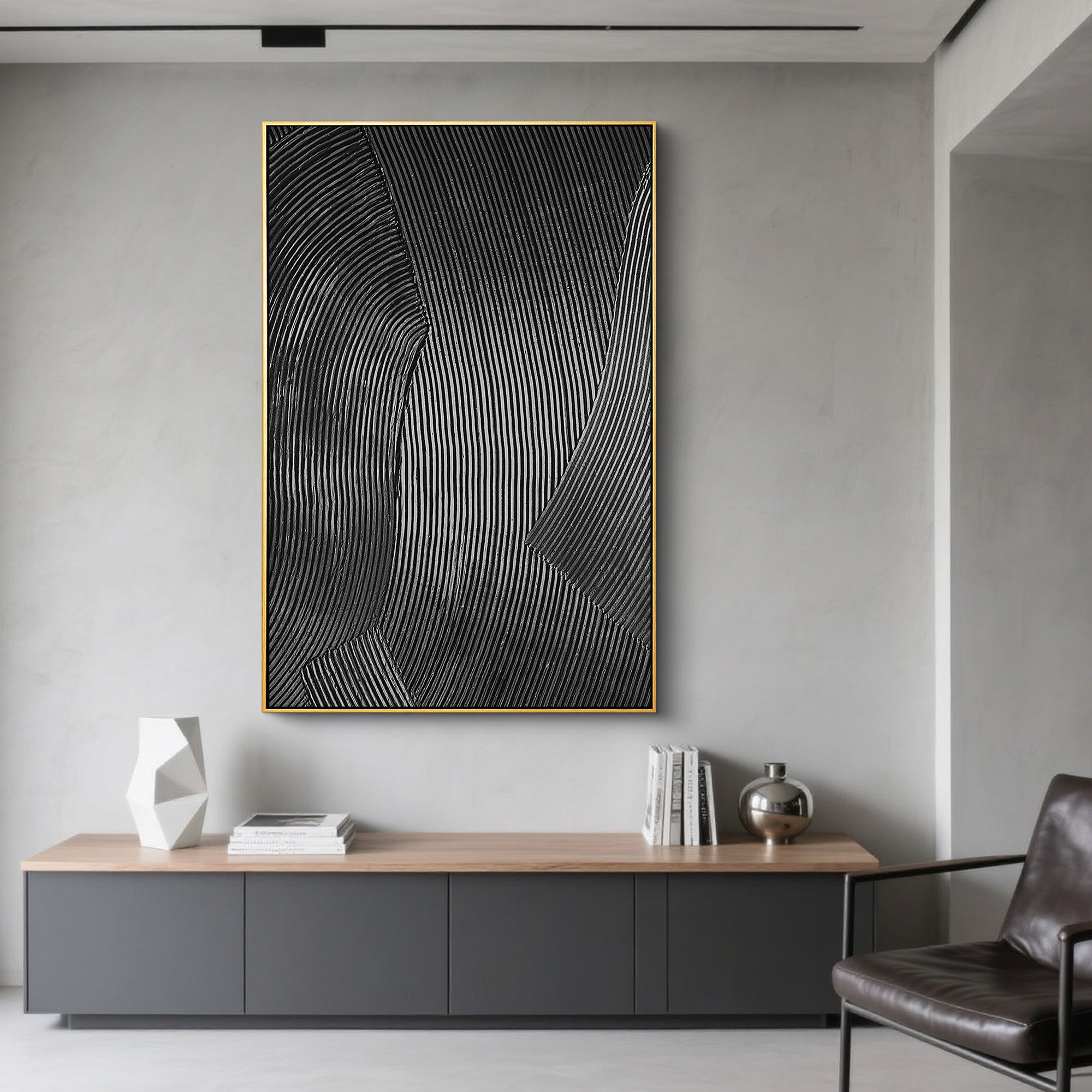 GRAVITY LINE: Texture Wall Art, Hand-Painted Black Linear Plaster Relief 3D Heavy Texture Canvas Art