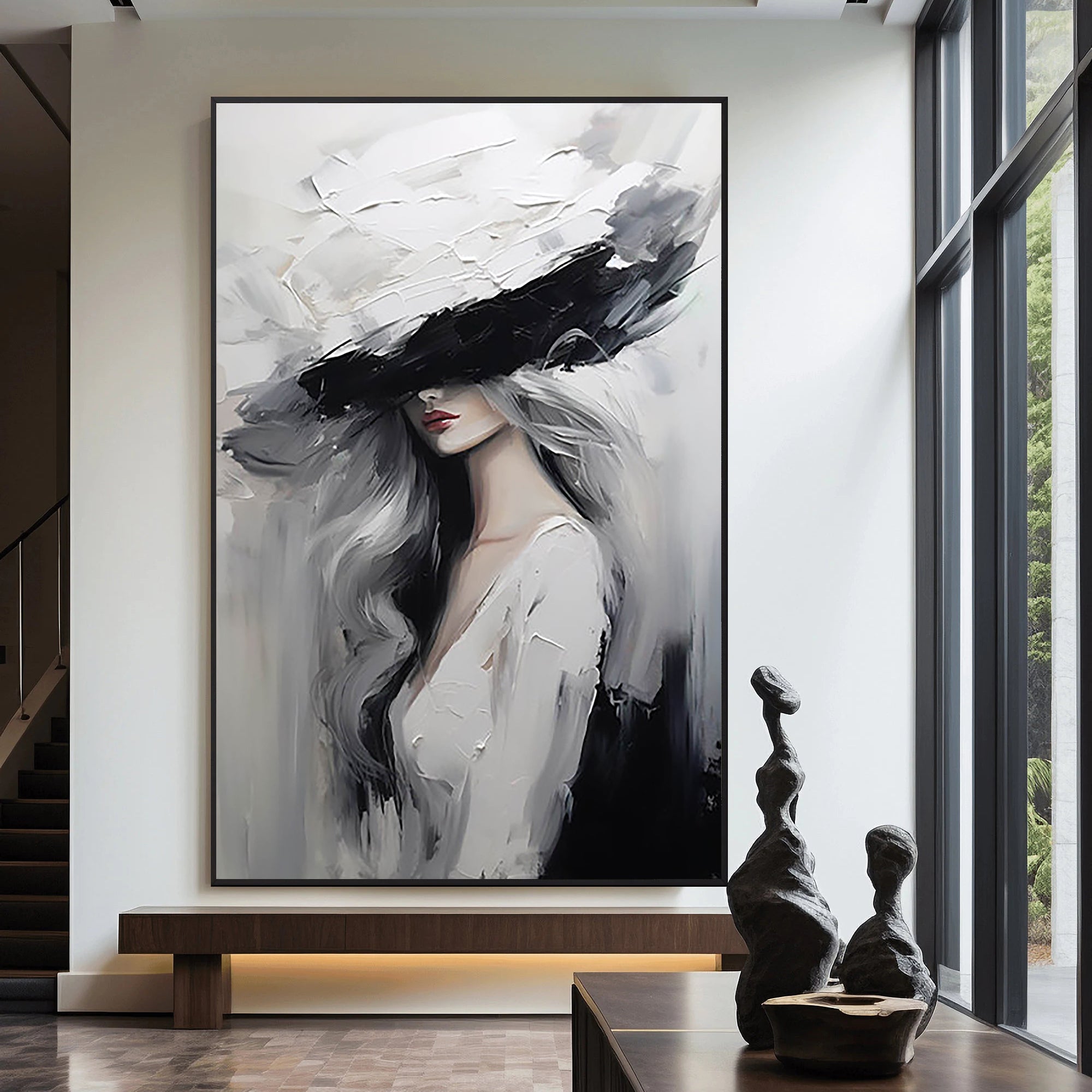 Modern Chic – Palette Knife Portrait Painting | Stylish Lady in Hat Abstract Bedroom Oil Art