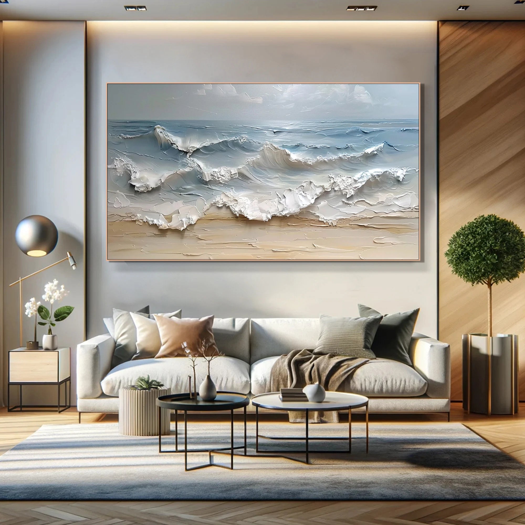 Shoreline Echo – Hand-Painted Creamy Sand Beach Wave Palette Knife Thick Textured Oil Seascape Painting | Contemporary Landscape Living Room & Dining Room Art