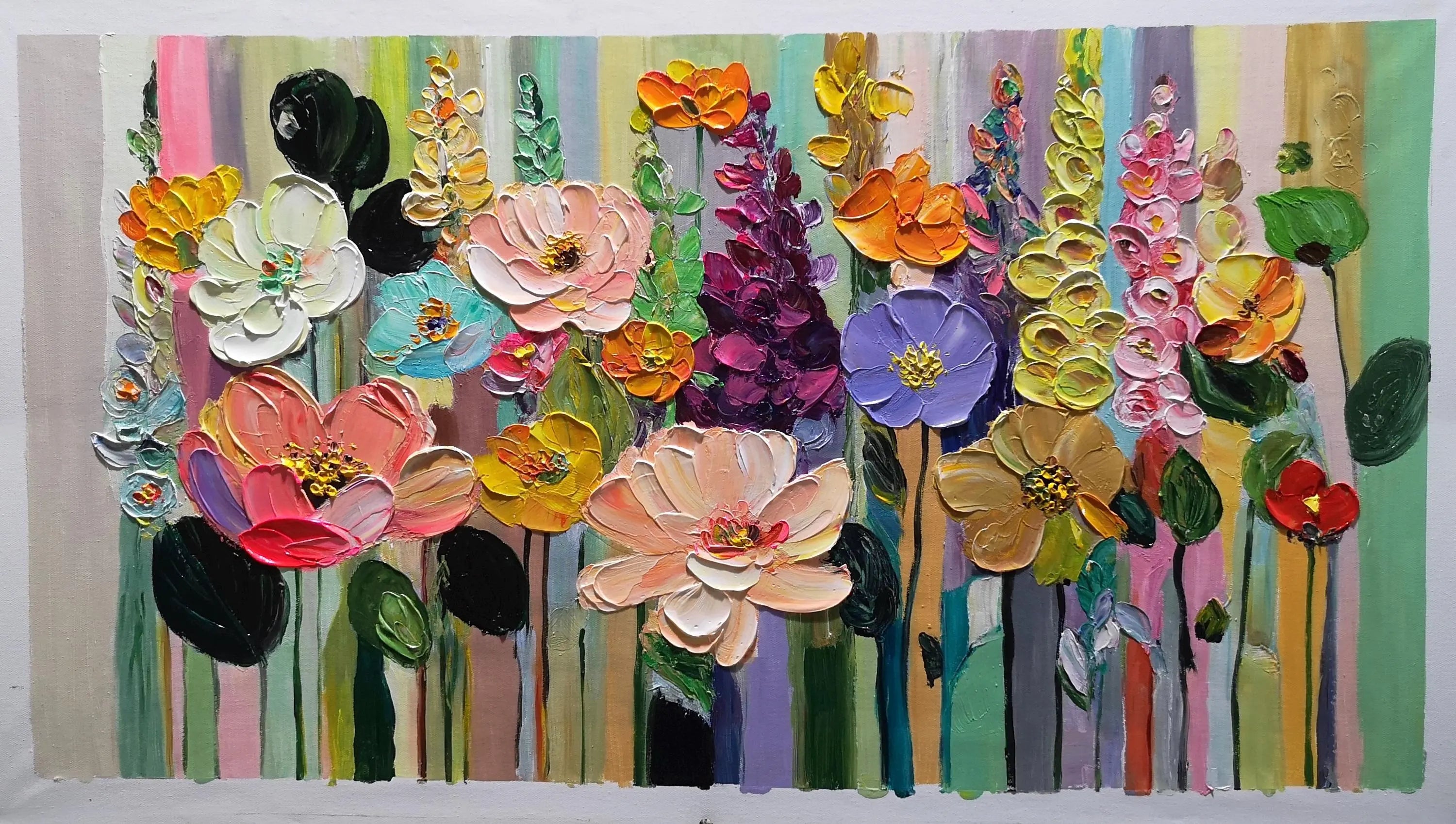 Dopamine Garden – Modern Impasto Colorful Wildflower Canvas | Joyful Living Room Wall Art