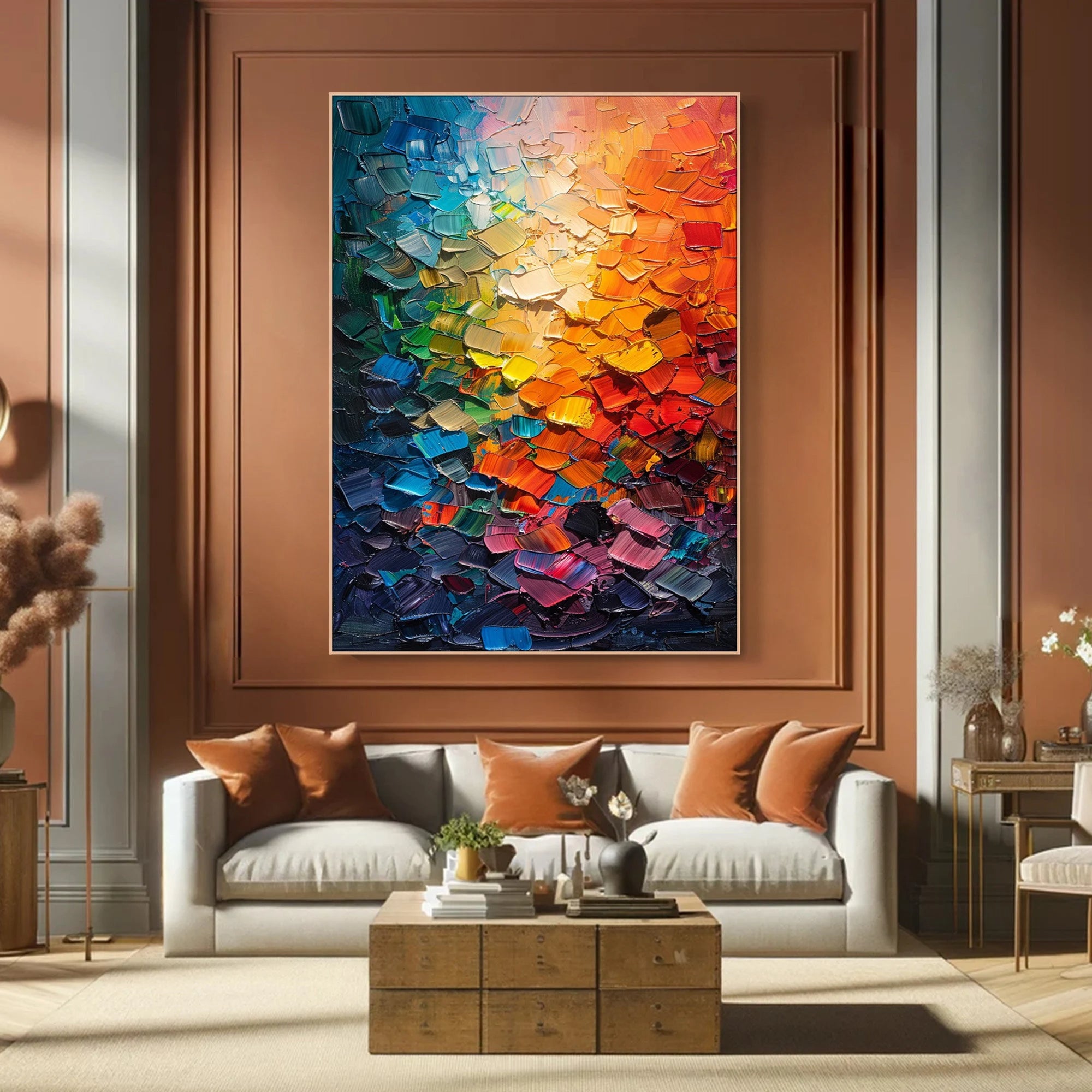 Prism Spectrum – Hand-Painted Multicolored Rainbow Palette Knife Abstract Painting | Bold Abstract Palette Knife Living Room Art